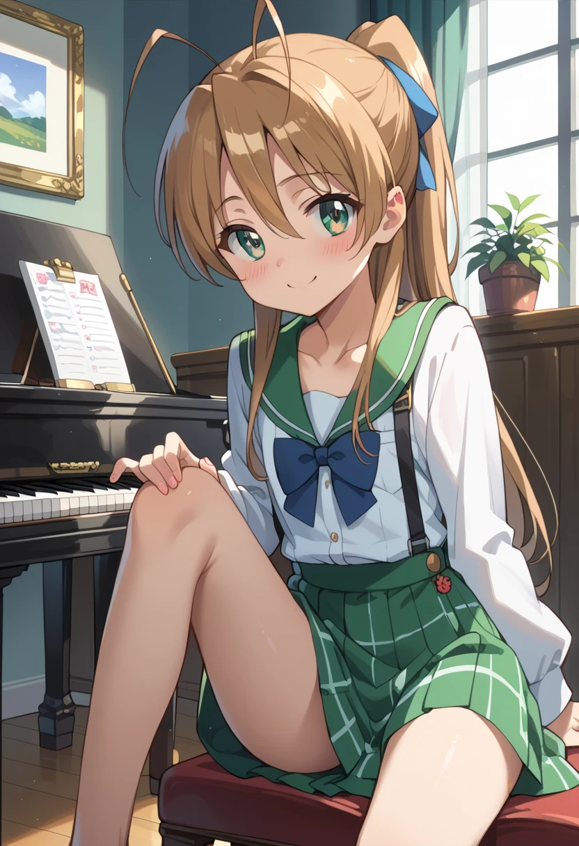 (( top quality )), ((masterpiece)), (be familiar with), perfect face, indoor, bedroom,  watching viewers,
One woman, Miyamoto Rei,
開いた口,  ecstatic expression beside the piano, blush, smile,
 small ,  flat chest, Young girl, Lori,  ,  girl,
 long hair,  ponytail,
Leg spread,