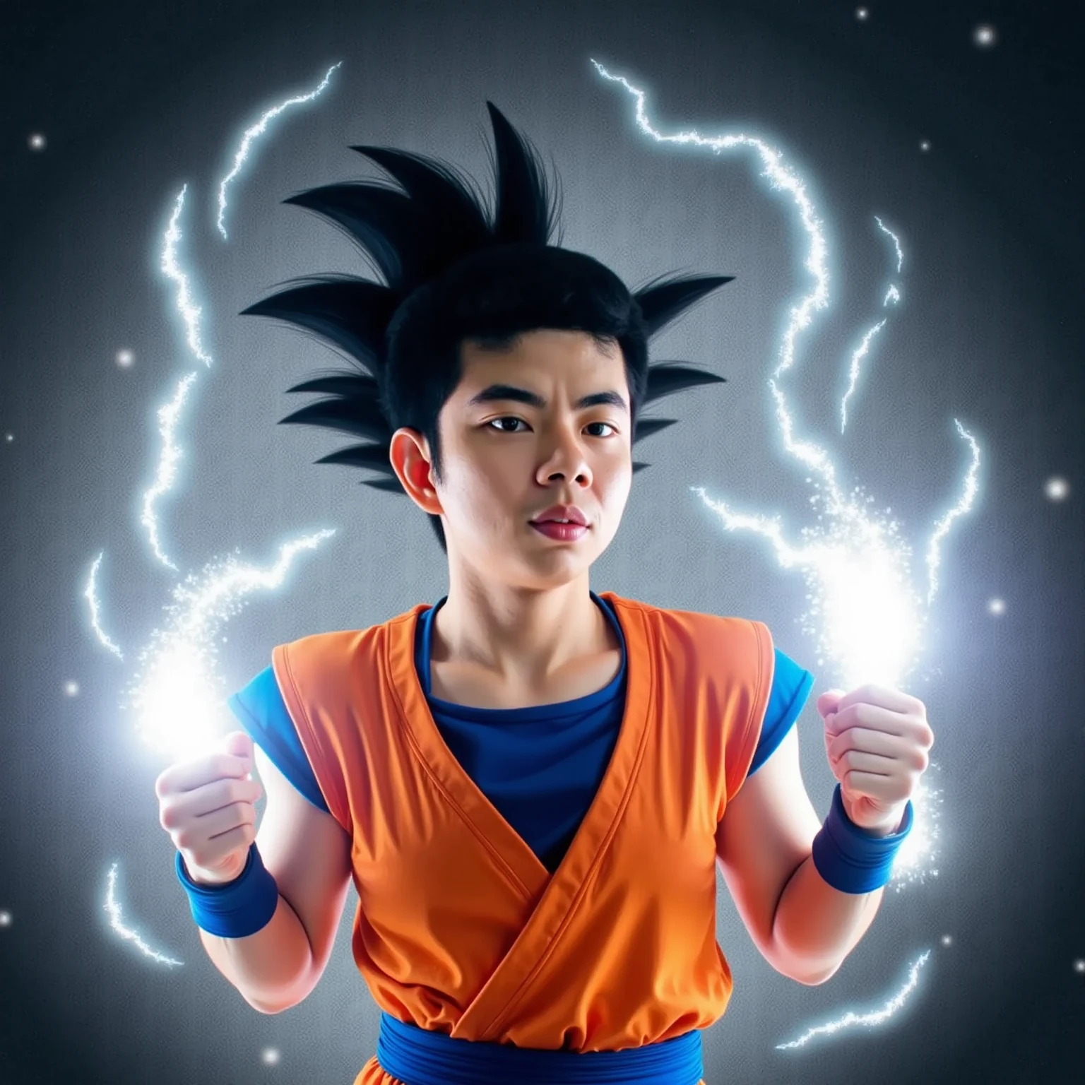 A young Thai man with spiky black hair styled like Goku from Dragon Ball, surrounded by a radiant aura resembling the Ultra Instinct form. The aura is dynamic, shimmering with silver and white energy waves, creating a powerful and ethereal glow. He is wearing an orange martial arts outfit similar to Goku's iconic attire, complete with a blue belt and wristbands. His expression is calm yet focused, exuding confidence and immense strength. The background is dramatic, with subtle energy ripples and light flares that enhance the intensity of the Ultra Instinct aura, giving the scene a heroic and otherworldly atmosphere.

