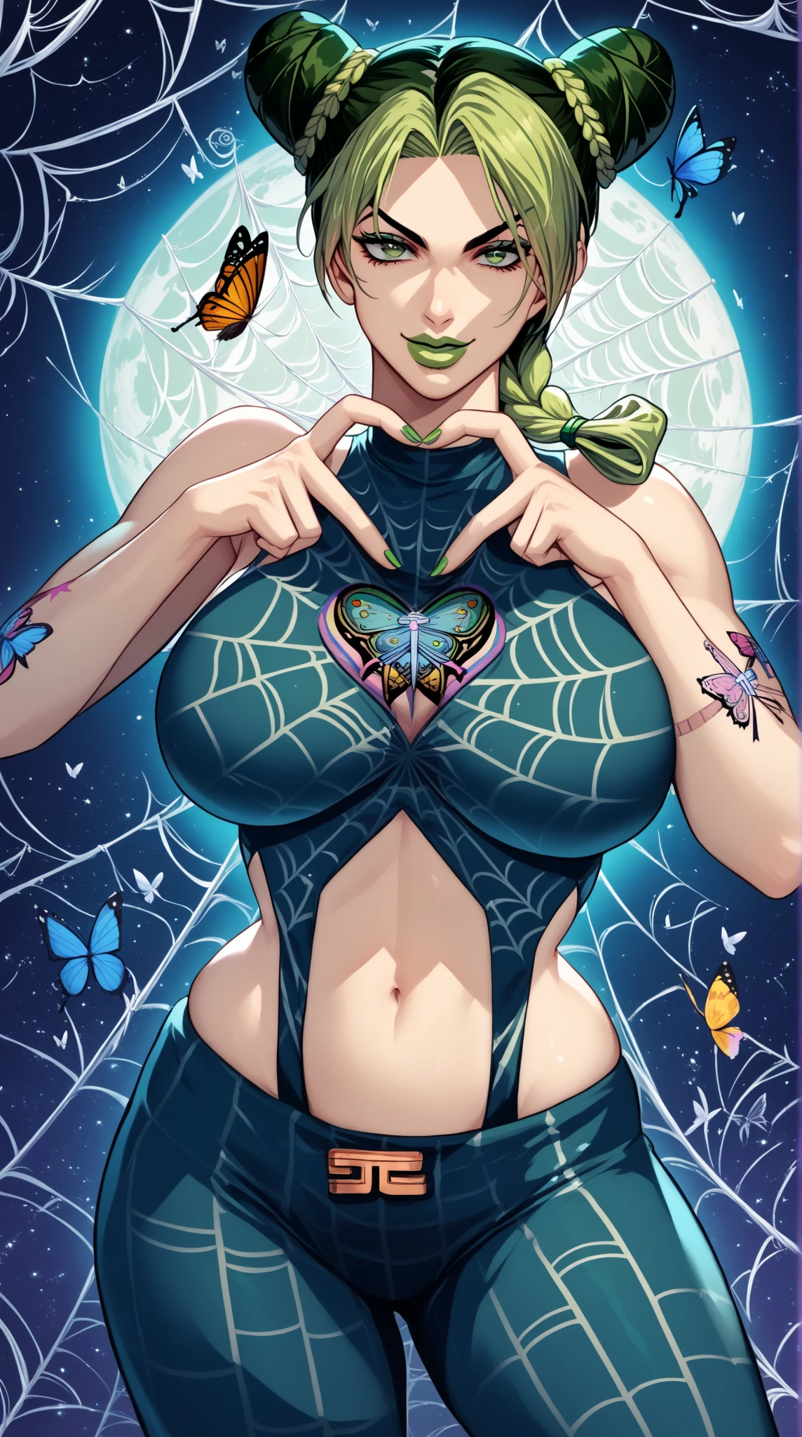 score_9, score_8_up, source_anime  BREAK solo, cowboy shot, looking at viewer,
kjolyne, green eyes, two-tone hair, green hair, black hair, double bun, braided bun, braided ponytail, green lips, lipstick, make up, green nails, nail polish, tattoo, butterfly, spider web print, midriff, heart fingers, heart hands, large breasts, curvy, smirk, head back, skindentation, 
abstract background, spider web, spiral, light particles, dust, sunbeam, cinematic lightning, aura, moon, big breast, wide hips, thick thighs 
