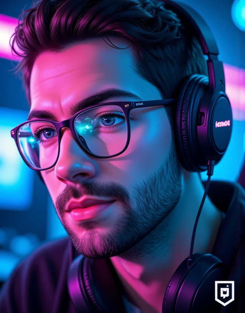 ((Masterpiece)), (ultra-detailed), (8k resolution), A dynamic **Twitch avatar** of **Pivalora2**, styled for a professional e-sports vibe. The composition features a close-up of **Pivalora2’s face**, wearing **black prescription glasses** with a sleek, modern frame that reflects faint **RGB lighting** from a professional gamer headset. His expression is confident and focused, showcasing the determined attitude of a competitive gamer.  

The background is minimal yet vibrant, incorporating a **blurred neon glow** in hues of blue and purple, inspired by the energetic ambiance of gaming arenas. The lighting is sharp and cinematic, with highlights on his glasses and headset for a polished, high-quality appearance. The design integrates a **subtle Twitch logo-inspired outline** or **stylized gamer tag (Pivalora2)**, placed at the bottom corner for branding.  

Perfect for Twitch use, this avatar blends professionalism with personality, capturing the essence of **e-sports competition** in a bold, engaging way. **(Twitch avatar, e-sports branding, RGB lighting, cinematic focus, neon accents, professional design)**.  