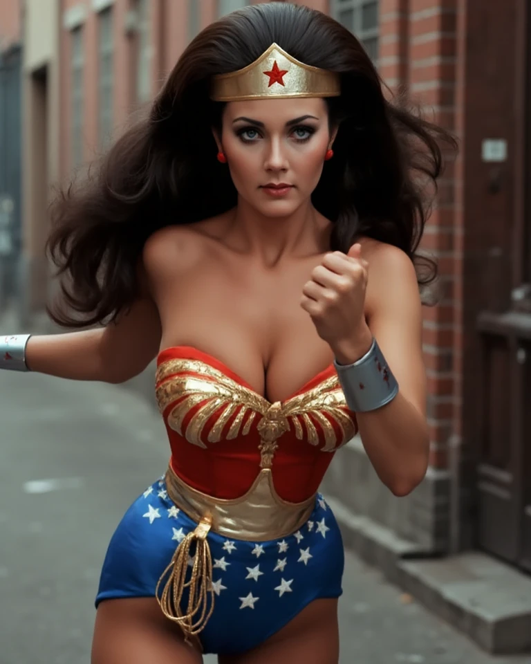  A gorgeous Wonder Woman in tight red and blue,  long, dark hair ,  beautiful and meticulous eyes,  Striking facial features , The physique of a sexy beauty queen, White Skin ,The expression is romantic and sexy, confident  Powerful  posture,  in an impressive motion position , Dynamic Lighting,  Dramatic cinematic scenes ,  digital painting , Complex and detailed rendering ,  ultra-realistic, 8K, vibrant colors,  Dramatic shadows ,  movie lights, heroic,  Powerful , Awesome , The background is the abandoned old street of the 1920s,