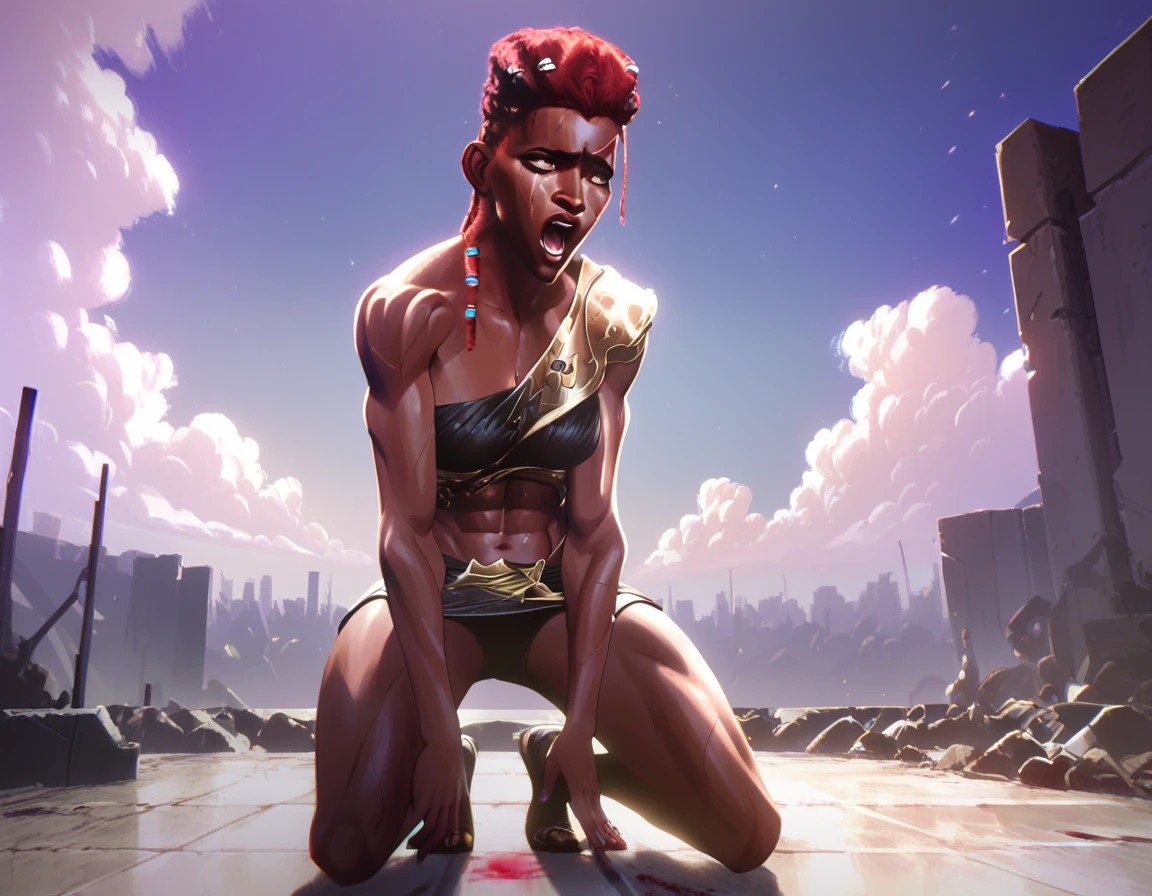 score_9, score_8_up, score_7_up, BREAK b4ttl3f13ld, outdoors, cloudy sky, battle, crowd, ruins, BREAK AmbessaMedardaYoung, female focus, dark-skinned female, abs, red hair, muscular, dredlocks, brown eyes, muscular woman, blood dripping from fists, screaming, full body view