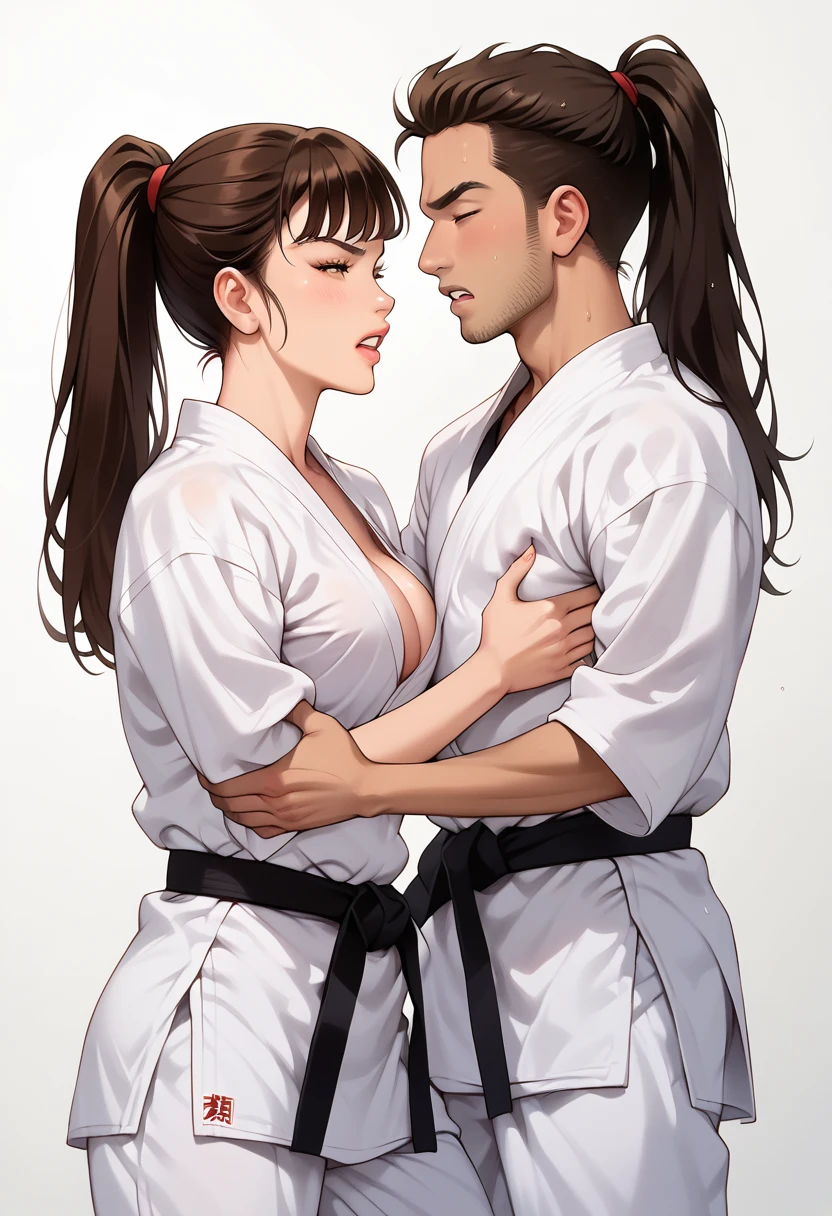 Joi, 20yo woman, large natural breasts, side view close-up of woman sparring with a 20yo man, in a dojo setting with male adults, adults only , wearing white karate gi, angry, some  20yo  males close by,  long straight 
dark brown hair in a ponytail,  surrounded  by  rowdy  crowds, busy, eyes open frowning, adults only ,  nighttime , (((20yo male sparring with 20yo women with focus on her breasts))) black belt, (((man grabbing womans karate gi))), ((fighting))) loose white karate gi, 