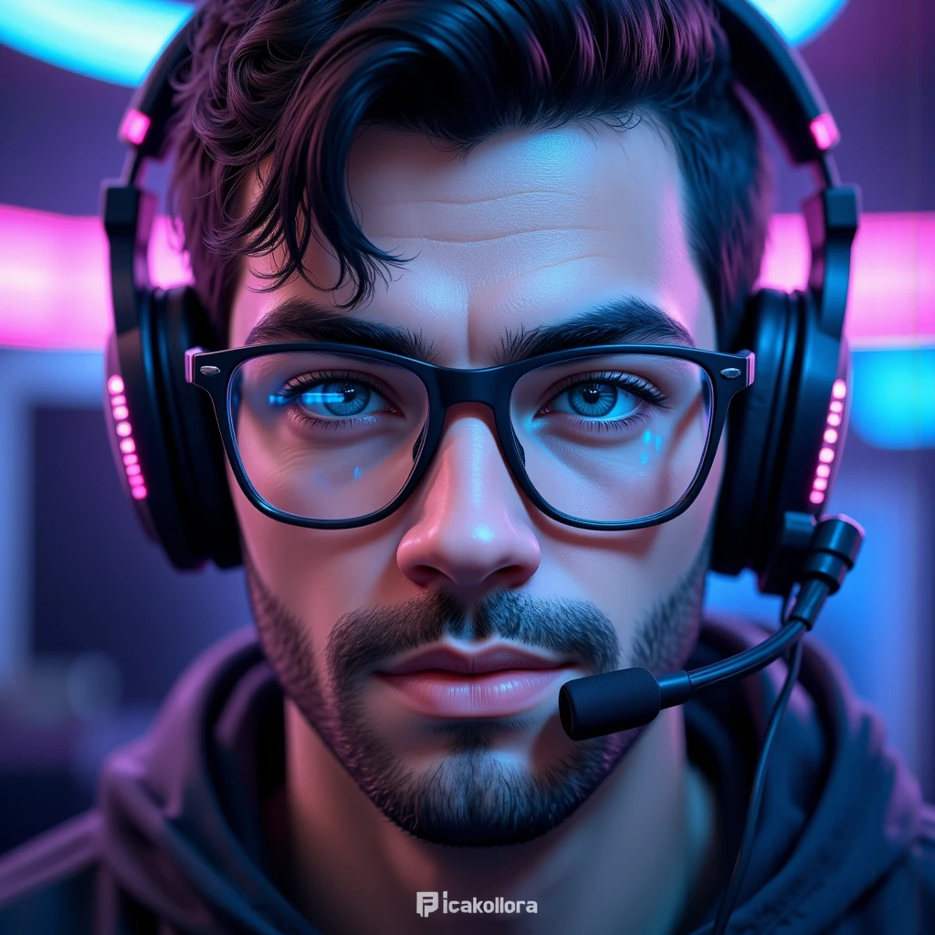 ((Masterpiece)), (ultra-detailed), (8k resolution), A dynamic **Twitch avatar** of **Pivalora2**, styled for a professional e-sports vibe. The composition features a close-up of **Pivalora2’s face**, wearing **black prescription glasses** with a sleek, modern frame that reflects faint **RGB lighting** from a professional gamer headset. His expression is confident and focused, showcasing the determined attitude of a competitive gamer.  

The background is minimal yet vibrant, incorporating a **blurred neon glow** in hues of blue and purple, inspired by the energetic ambiance of gaming arenas. The lighting is sharp and cinematic, with highlights on his glasses and headset for a polished, high-quality appearance. The design integrates a **subtle Twitch logo-inspired outline** or **stylized gamer tag (Pivalora2)**, placed at the bottom corner for branding.  

Perfect for Twitch use, this avatar blends professionalism with personality, capturing the essence of **e-sports competition** in a bold, engaging way. **(Twitch avatar, e-sports branding, RGB lighting, cinematic focus, neon accents, professional design)**.  