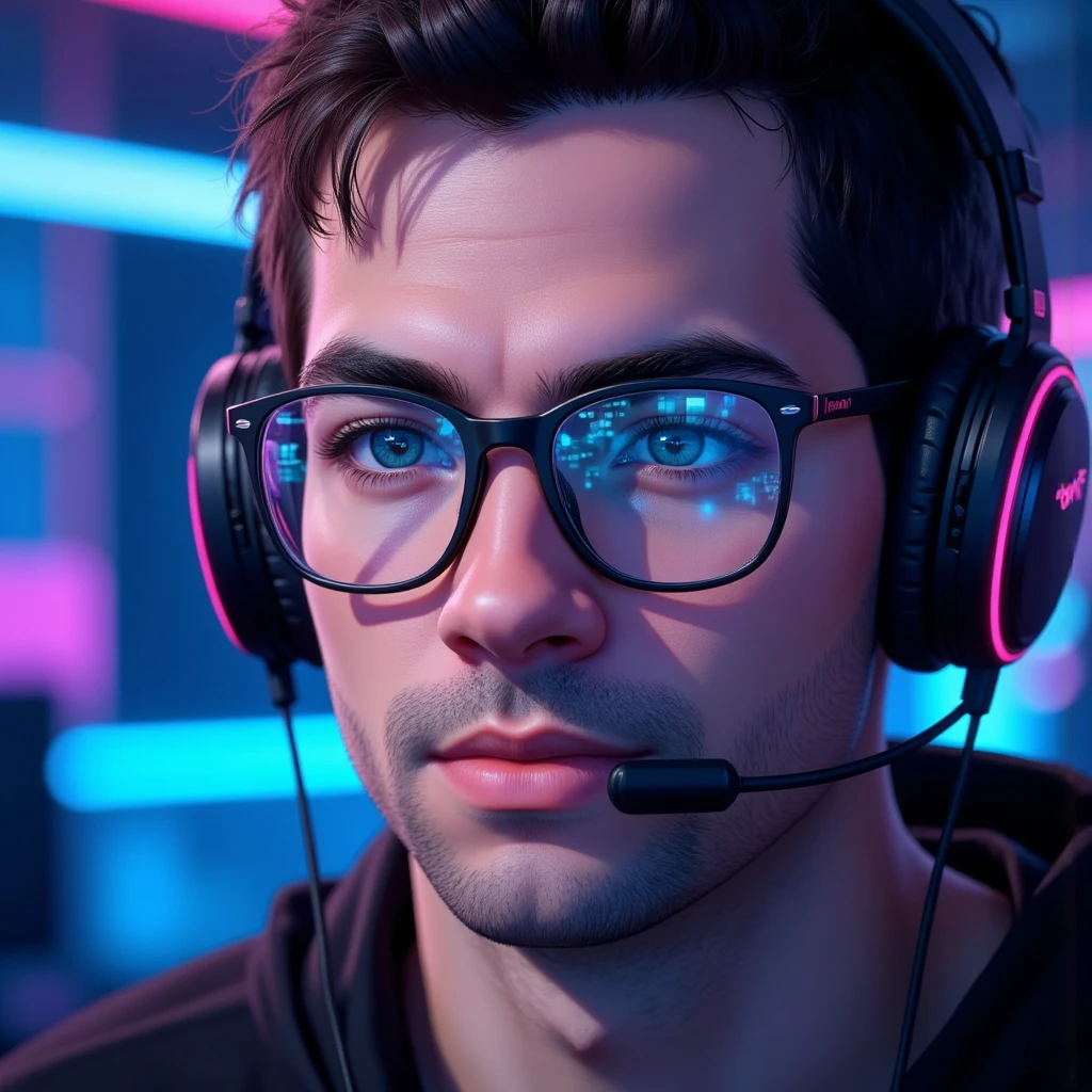 ((Masterpiece)), (ultra-detailed), (8k resolution), A dynamic **Twitch avatar** of **Pivalora2**, styled for a professional e-sports vibe. The composition features a close-up of **Pivalora2’s face**, wearing **black prescription glasses** with a sleek, modern frame that reflects faint **RGB lighting** from a professional gamer headset. His expression is confident and focused, showcasing the determined attitude of a competitive gamer.  

The background is minimal yet vibrant, incorporating a **blurred neon glow** in hues of blue and purple, inspired by the energetic ambiance of gaming arenas. The lighting is sharp and cinematic, with highlights on his glasses and headset for a polished, high-quality appearance. The design integrates a **subtle Twitch logo-inspired outline** or **stylized gamer tag (Pivalora2)**, placed at the bottom corner for branding.  

Perfect for Twitch use, this avatar blends professionalism with personality, capturing the essence of **e-sports competition** in a bold, engaging way. **(Twitch avatar, e-sports branding, RGB lighting, cinematic focus, neon accents, professional design)**.  