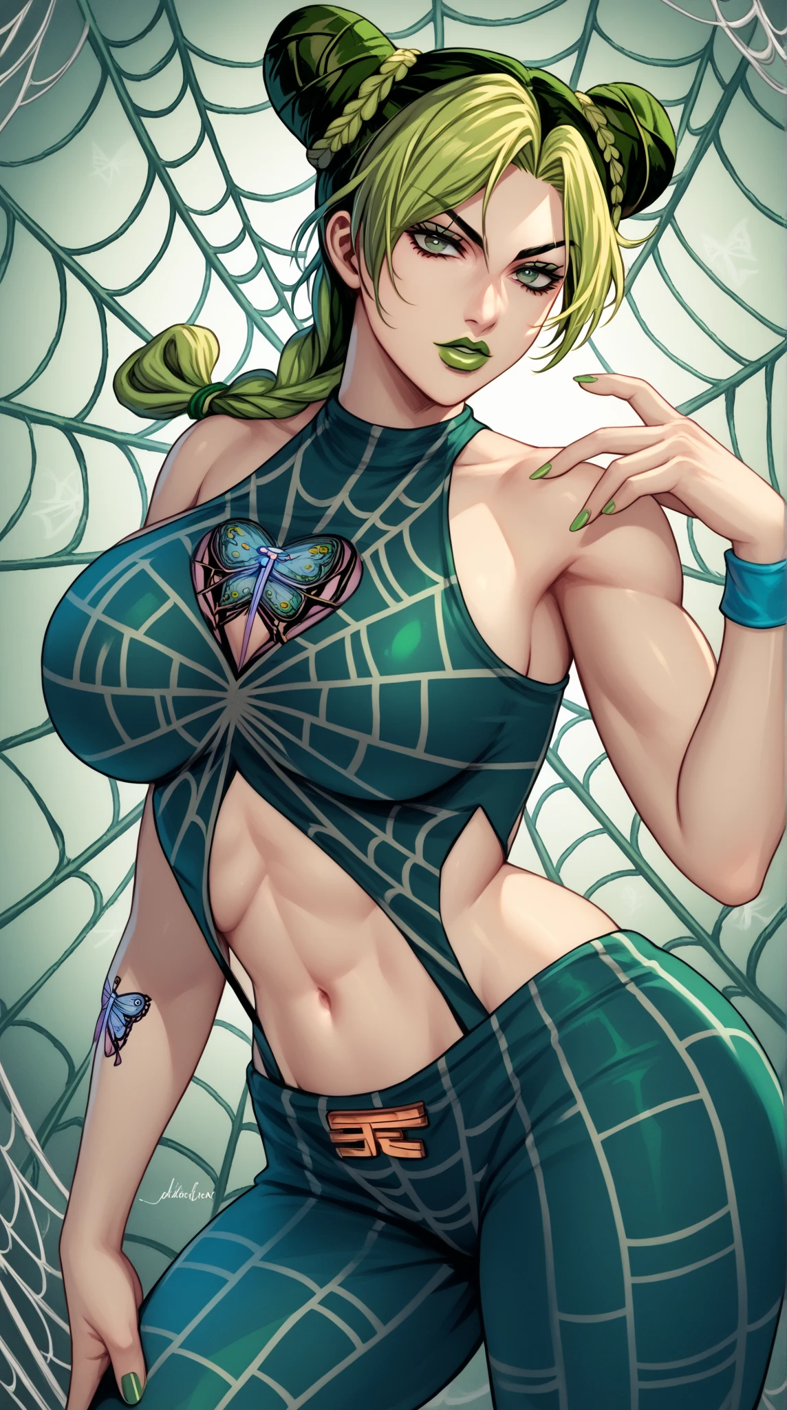 score_9, score_8_up, source_anime  BREAK solo, cowboy shot, looking at viewer,
kjolyne, green eyes, two-tone hair, green hair, black hair, double bun, braided bun, braided ponytail, green lips, lipstick, make up, green nails, nail polish, spider web print, midriff, big breast, wide hips, thick thighs 
