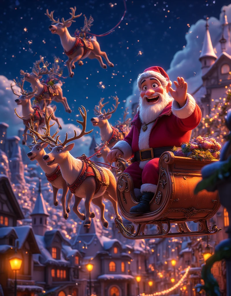 highly detailed, dynamic, cinematic, stunning, realistic lighting and shadows, vivid, vibrant, octane rendering, Unreal Engine, highly detailed, concept art, realistic, cry engine, (dramatic, grainy, intense: 1.4), highest quality, 32k uhd, incredibly detailed, intricately detailed, ultra detailed, ultra high quality, high detail, ultra detailed, masterpiece, A magical 3D Disney-style animation scene of (huge muscular Santa Claus) riding his sleigh, pulled by eight majestic reindeer, soaring high across a starry Christmas Eve sky. huge muscular Santa, dressed in his classic red suit and hat, waves cheerfully as he prepares to deliver presents to ren around the world. The sleigh sparkles with golden magic dust trailing behind, adding a whimsical glow to the scene. Below, a picturesque town is beautifully decorated with festive Christmas lights, with rooftops and trees shimmering in warm colors. The streets are bustling with tiny glowing details of families celebrating indoors. The night sky is deep blue, dotted with twinkling stars and the soft glow of a crescent moon, creating a sense of wonder and warmth. The style is vibrant and colorful, capturing the charm and magic of a Disney animated holiday story.