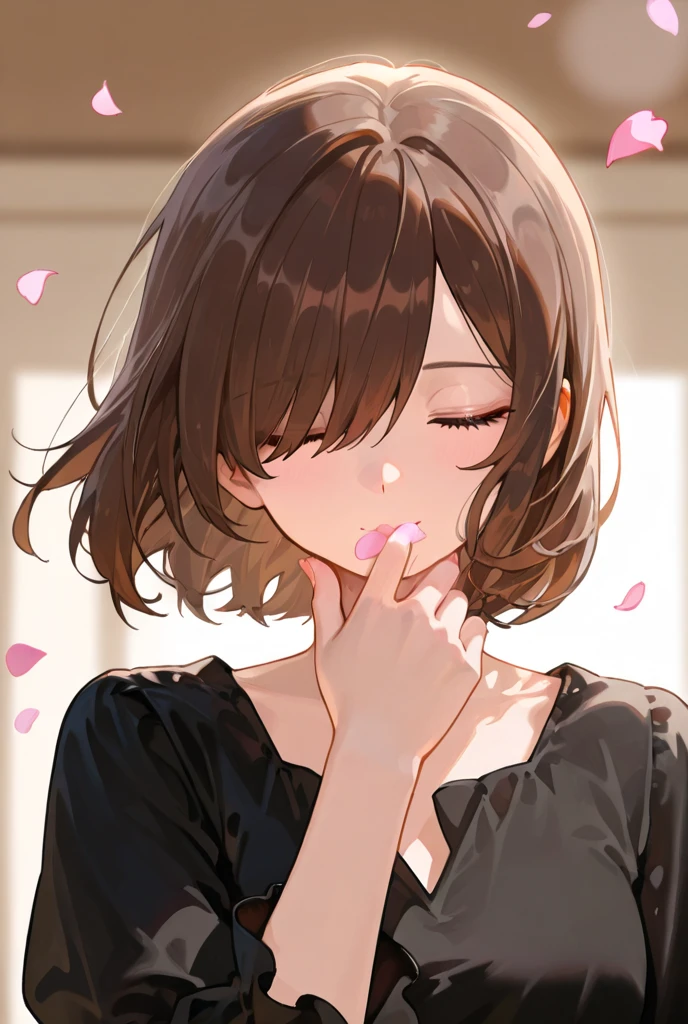 Petals flickering in the background , Blur background
one man,Brown Hair,  hair that hides one eye,  shortcuts,  closed eyes, 
Black blouse, Upper Body Closeup 