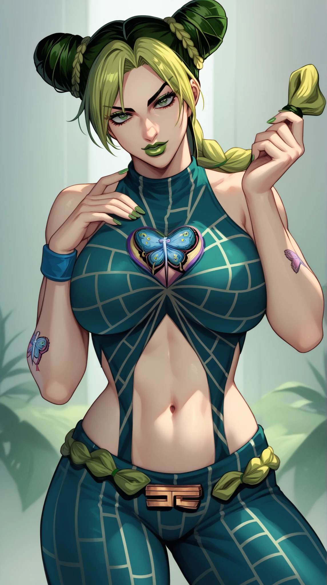 score_9, score_8_up, source_anime  BREAK solo, cowboy shot, looking at viewer,
kjolyne, green eyes, two-tone hair, green hair, black hair, double bun, braided bun, braided ponytail, green lips, lipstick, make up, green nails, nail polish, print, midriff, big breast, wide hips, thick thighs, seductive 