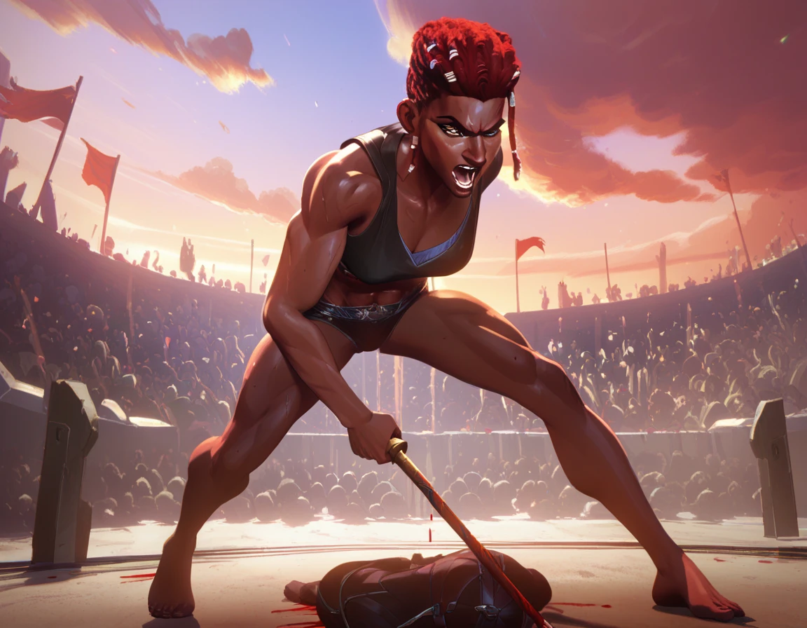 score_9, score_8_up, score_7_up, BREAK b4ttl3f13ld, outdoors, red cloudy sky, battle, crowd, BREAK AmbessaMedardaYoung, female focus, dark-skinned female, abs, red hair, muscular, dredlocks, brown eyes, muscular woman, blood dripping from fists, angry screaming, full body view