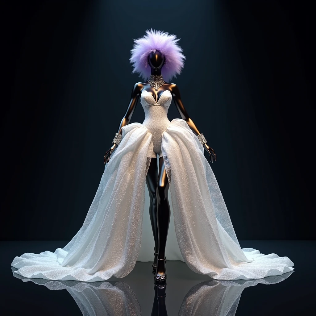 (full body:1.2), adult, large breasts, woman, wearing lgdress_1, one shoulder short white dress, unique, avant-garde silhouette, metallic sheen,large crystal embellishments adorning the dress from the waist and shoulders, gloves, hair decoration, <lora:lgdress_1-11:0.6>, A modern floating marine education and rehabilitation center, providing educational programs and rehabilitating marine animals