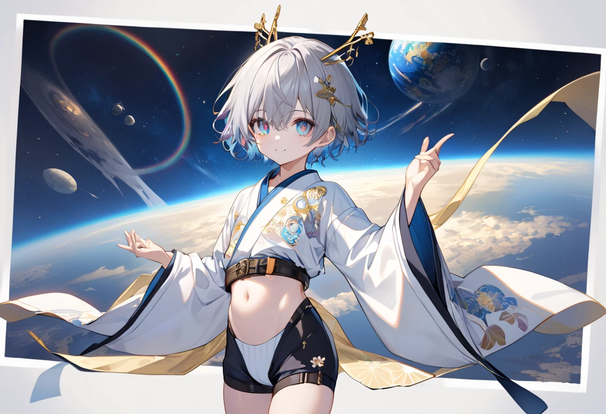  fresh illustration ,
Superfine painting,
 very delicate illustration ,
 Very fine details ,
Picture of only one boy ,
Height: 158cm,
 white skin,
The right eye is blue and the left eye is purple,
 rainbow heterochromia,
 beautiful eyes,
 large black pupils ,
 short hair with shadows,
Gray Hair,
 hair roots are bluish ,
 hair has gradation ,
 shiny hair with makeup,
 cute faces ,
Beautiful face,
There is a shiny rear wheel on the back of the head ,
 raised eyebrows ,
 upper body is wearing kimono in Japanese clothes ,
Masculine physique,
 Six Pack ,
Super small breasts,
No boobs,
 lower body Nadres ,
The color of the belt is black ,
Overall white clothes ,
 tasteful embroidery with gold thread ,
 fine fabric clothing ,
 jockstrap underwear ,
 thigh strap ,
 thigh strap は肌に食い込んでいる,
The number of fingers on a hand is five,
 thin waist,
 thin legs ,
Isometric,
Golden Ratio,
god々 like atmosphere,
 wearing blue colored padded collar innerwear ,
 outer space ,
Milky Way,
Little Star々 upper body ,
 tactical use of shadows ,
 don't let the ring of head or hair stick out from the angle of view,
 clothes don't stick out of angle of view ,
 body orientation is symmetrical ,
Clothes are symmetrical,
Picture of standing upright and steady ,
 with little pubic hair,
Knee Shot,
There is no decoration on the head,