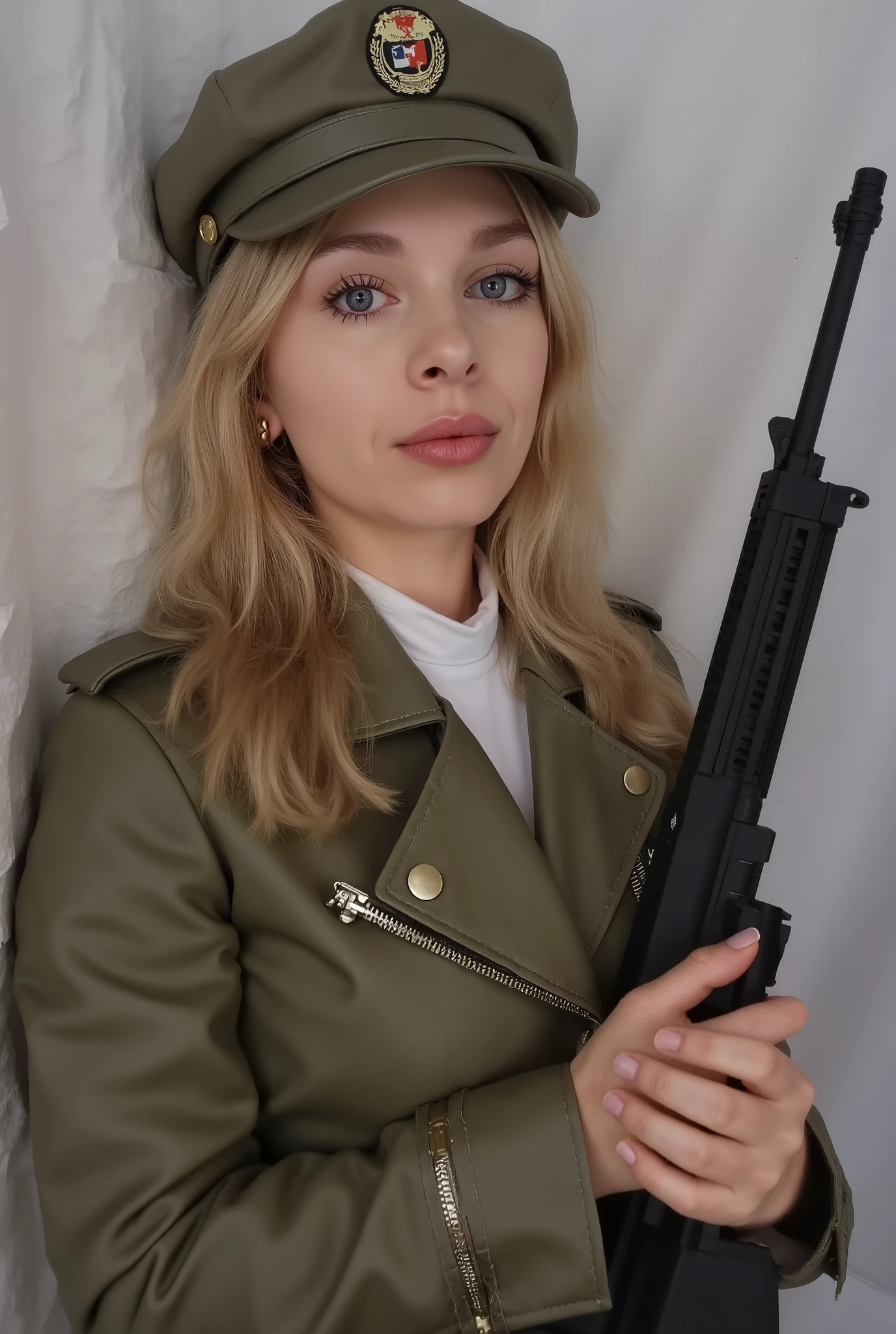 grey eyes,blonde hair,realistic,military_uniform,gun,soldier,