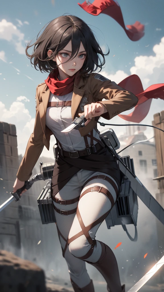 masterpiece, best quality, highres, hmmikasa,wearing VR glasses ,wearing vision pro, short hair, black eyes, scarf, emblem, belt, thigh strap, red scarf, white pants, brown jacket, long sleeves, <lora:mikasa_ackerman_v1:0.5>, holding weapon, sword, dual wielding, three-dimensional maneuver gear, fighting stance, sky,
<lora:vision_pro_v2:0.6>,
