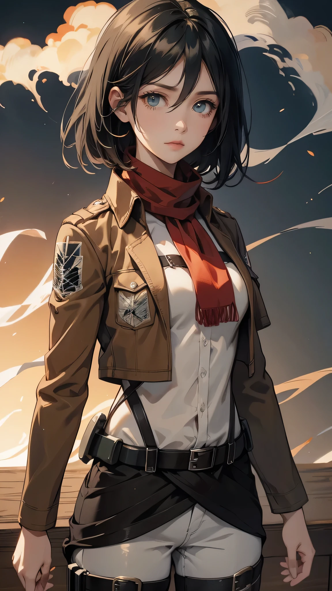 aot style, shingeki no kyojin,

mikasa ackerman,

1girl, arm strap, bangs, black hair, black pants, breasts, cowboy shot, embers, green eyes, grey background, hair between eyes, harness, long sleeves, looking at viewer, medium breasts, pants, red scarf, scarf, shirt, short hair, smoke, solo, thigh strap,  brown jacket, white shirt, survey corps \(emblem\)

, ((masterpiece)), best quality
,