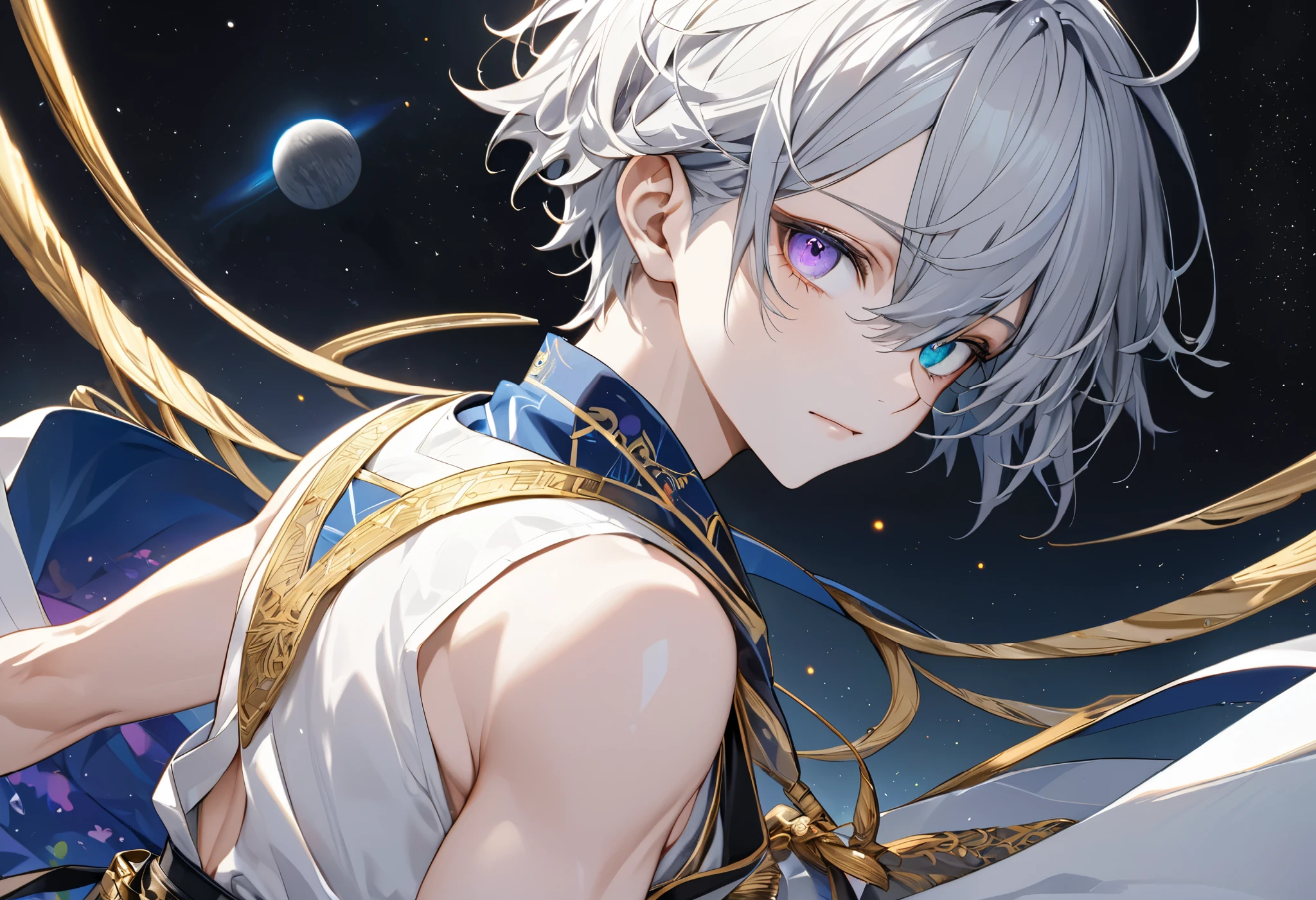  fresh illustration ,
Superfine painting,
 very delicate illustration ,
 Very fine details ,
Picture of only one boy ,
Height: 158cm,
 white skin,
The right eye is blue and the left eye is purple,
 rainbow heterochromia,
 beautiful eyes,
 large black pupils ,
 short hair with shadows,
Gray Hair,
 hair roots are bluish ,
 hair has gradation ,
 shiny hair with makeup,
 cute faces ,
Beautiful face,
There is a shiny rear wheel on the back of the head ,
 raised eyebrows ,
 upper body is wearing kimono in Japanese clothes ,
Masculine physique,
 Six Pack ,
Super small breasts,
No boobs,
 lower body Nadres ,
The color of the belt is black ,
Overall white clothes ,
 tasteful embroidery with gold thread ,
 fine fabric clothing ,
 jockstrap underwear ,
 thigh strap ,
 thigh strap は肌に食い込んでいる,
The number of fingers on a hand is five,
 thin waist,
 thin legs ,
Isometric,
Golden Ratio,
god々 like atmosphere,
 wearing blue colored padded collar innerwear ,
 outer space ,
Milky Way,
Little Star々 upper body ,
 tactical use of shadows ,
 don't let the ring of head or hair stick out from the angle of view,
 clothes don't stick out of angle of view ,
 body orientation is symmetrical ,
Clothes are symmetrical,
Picture of standing upright and steady ,
 with little pubic hair,
Knee Shot,
There is no decoration on the head,