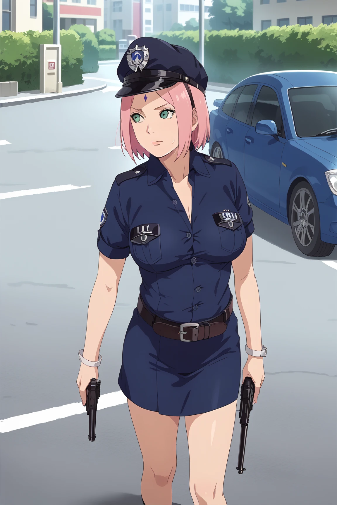 score_9, score_8_up, score_7_up, anime screencap, BREAK
1girl, haruno sakura, pink hair, short hair, green eyes, forehead mark, hud_plce_wmn, short blue dress, short sleeves, rolled up sleeves, belt,japan police hat, badge, buttons, gun, street, car, outdoors, large breasts, soaked body
