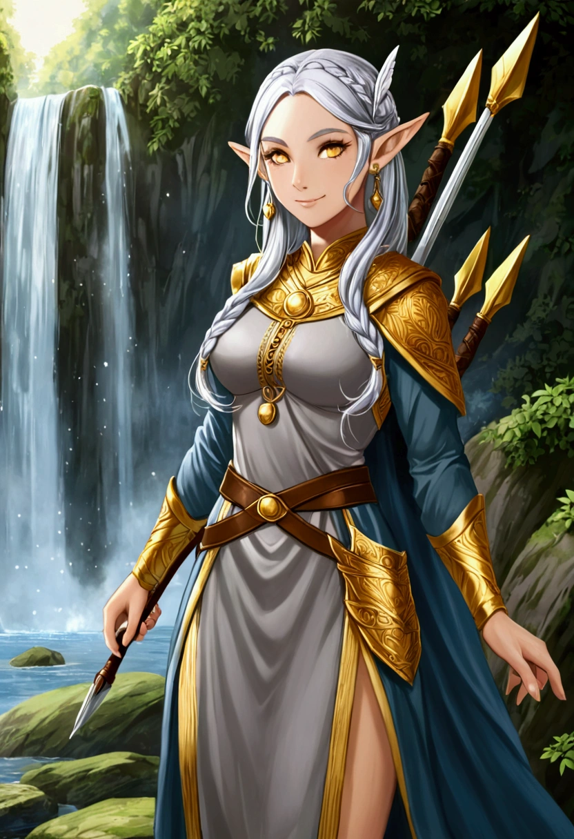 Woman elf: Golden sclere eyes, lined eyelashes, mole under the left eye, silver hair tied in 5-strand waterfall braid, elf ears, serene smile, slightly athletic physique, C-cup breasts, gray priestess hooded tunic with gold details, explorer clothes, gray cassock, silver sandals, silver earrings, silver coin shaped hair clip, holding a dagger, quiver with arrows.