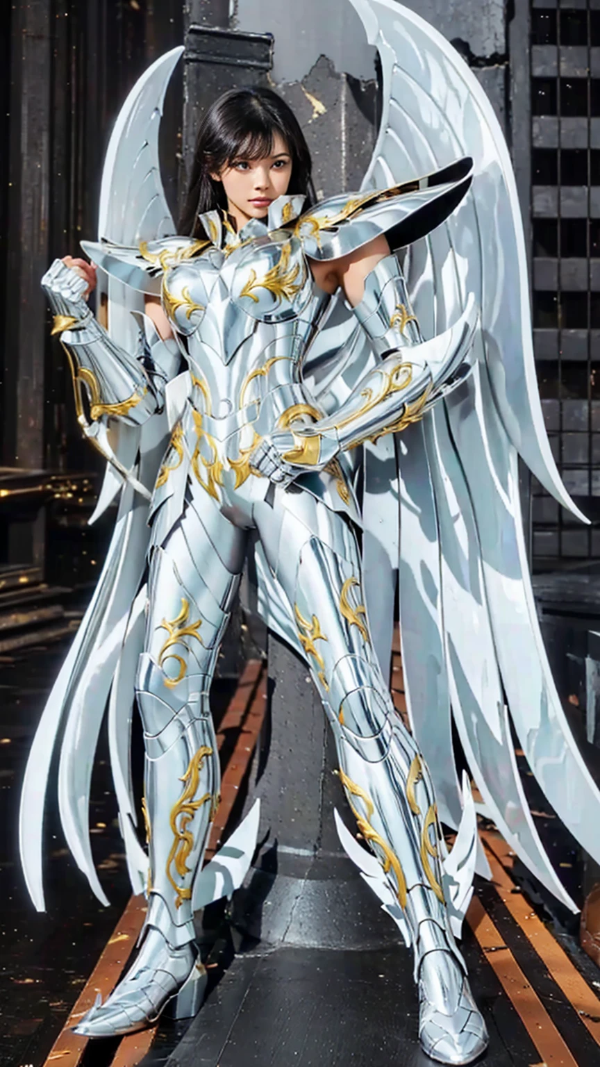 Make 4 pictures with different poses. 1 girl, cubby body, Large breasts, with long shimmering dark black hair, black skin, and a metallic chest. Exposing the chest, exposing the waist, exposing the thighs, cool pose, Saint Seiya god armor, with very intricate details like scales. A warrior, tested in battle, metallic Warframe, a highly intricate and sharp armor decoration, a strong and sexy body, clear lines, determination, Mystical rune, Ultra-high saturation, (masterpiece), full-body photo, (best quality), Wearing a shimmering golden armor, Armor type sexy lingerie woman, bikini, neatly styled long hair, high detail, Anime style, cinematic lighting, Shining, divine light, ray tracing, film grain, hyper HD, skin texture, super detail, Correct anatomy, high resolution, Ultra-high saturation, high contrast, High-gloss armor, Smooth skin, Serious expression. the background of a ruined ancient Roman building. REALISTIS