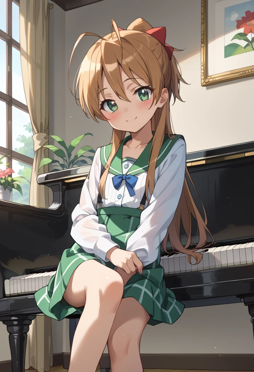 (( top quality )), ((masterpiece)), (be familiar with), perfect face, indoor, bedroom,  watching viewers,
One woman, Miyamoto Rei,
開いた口,  ecstatic expression beside the piano, blush, smile,
 small ,  flat chest, Young girl, Lori,  ****,  girl,
 long hair,  ponytail,
Leg spread,