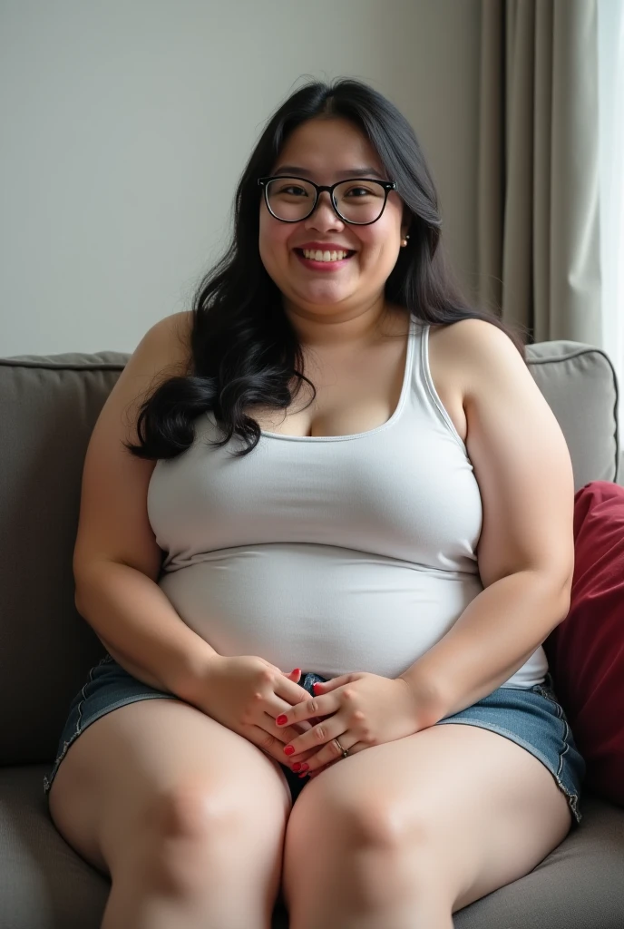 chubby hawaiian woman at college in her 20s, belly overhang, fat thighs, weight gain, plump, overeating, bulging, long natural hair, (saggy dangling natural boobs), ((very tight very short t-shirt)), (flirting), (aroused), (excited), (realistic detailed skin), realistic detailed clothing, slim pretty cute face, facing camera, no pants, no panties, small nose, half-moon beautiful eyes, (best quality, masterpiece, 4k, ultra detailed, sharp focus), (realistic:1.2), professional photograph, sharp focus, octane render, unreal engine, volumetrics dtx, (hand touching between legs)