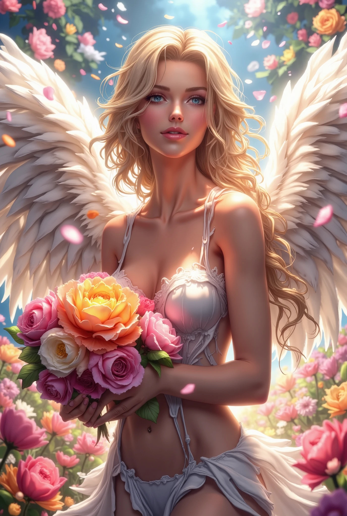 Angel Girl,  Beautiful Snow-White Wings, Simply Amazing ,  Beautiful and Charming , smile,  A bouquet of flowers in hand ,  sexy,  blond hair , Dressed in a Beautiful Dress See-Through Light Very Chic and Shiny,  Background Flower Meadow Gentle Bright Warm Sunny Day,  Delicate flower petals fall and swirl Warm and delicate colors , tender, Embraced in Warmth and Affection ,  Very exciting ,  masterpiece fails, 8 k,  maximum detail ,  complex details , beautiful,  Complex colors ,  better quality ,  photo Realistic ,  high quality,