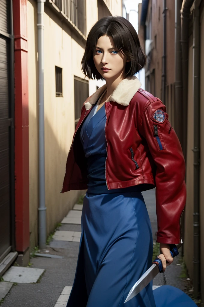 best quality, masterpiece,  highres icon, Alone, (dynamic angle), (cool), (hmshiki), Ryougi Shiki, (short hair, ahoge, red jacket, blue eyes, blue kimono, open clothes, fur trim), wield a knife at viewer, portrait, perfect anatomy, perfect proportion, noise removal,Midnight Street Back Alley, photorealistic