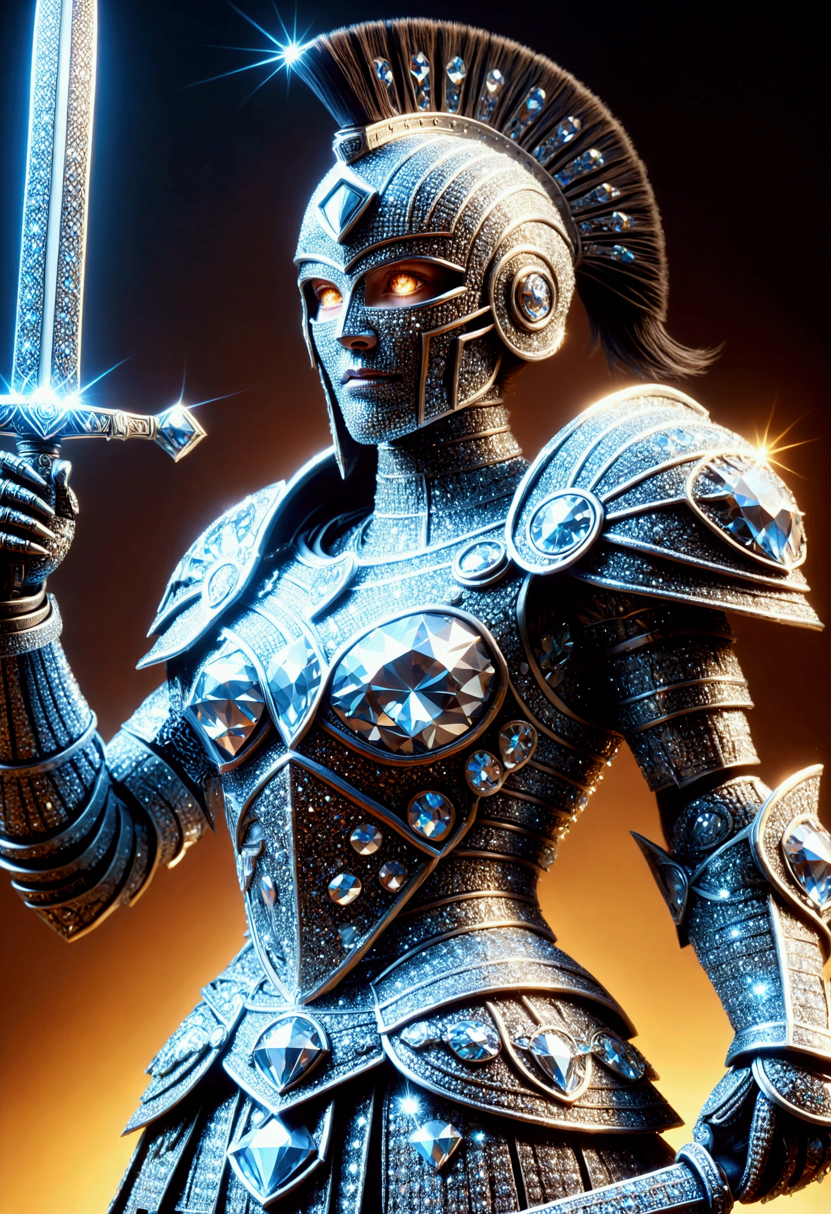 creating Robot Gladiator Woman with countless diamonds, diamondMW, all made of diamonds, sword, shield, battle, best quality, (masterpiece:1.2), high quality, Highres, (hyper detailed), photorealistic, Colosseum