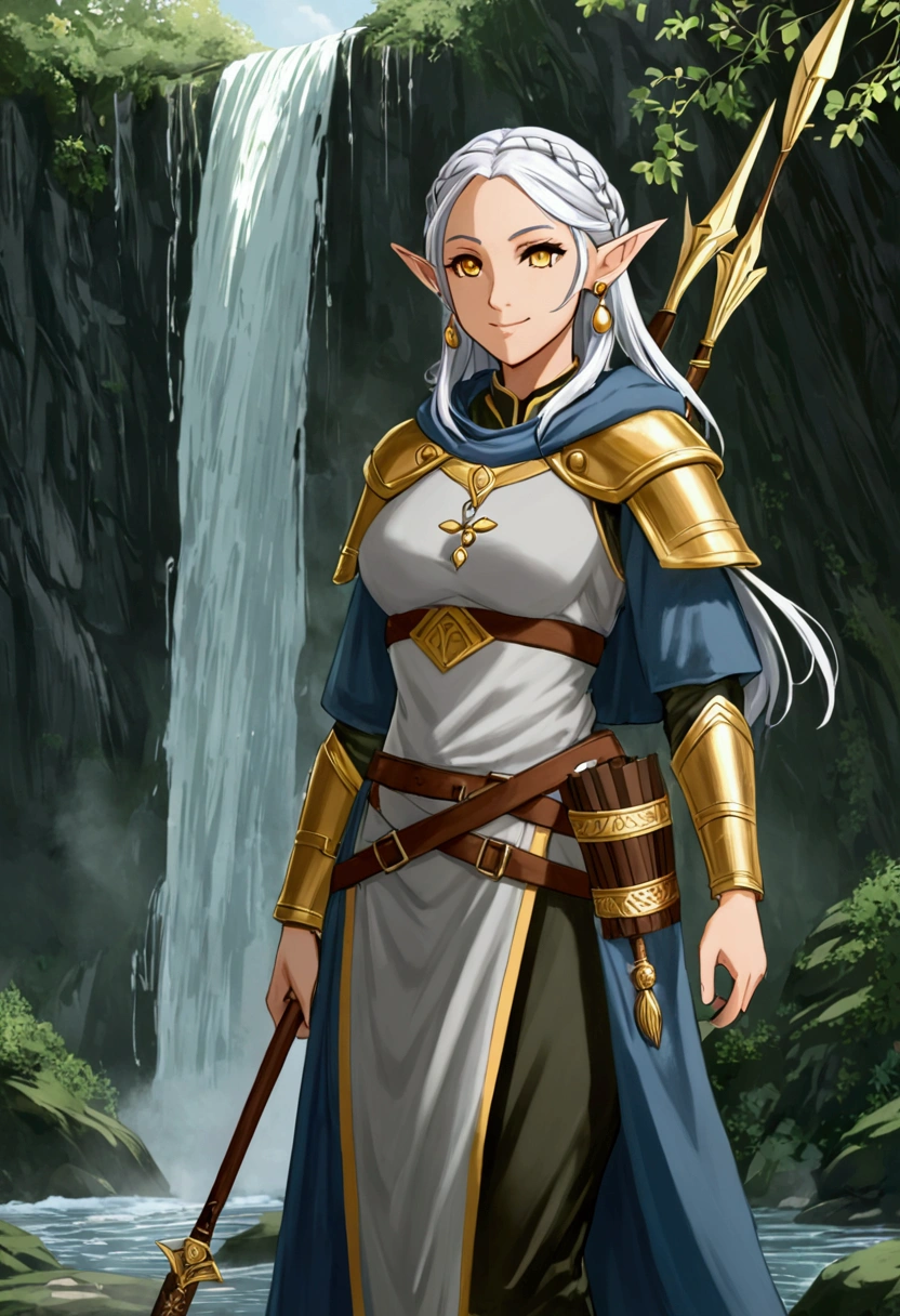 Pathfinder rpg style, Woman elf: Sclerelized golden eyes, lined eyelashes, mole under the left eye, silver hair tied in 5-strand waterfall braid, elf ears, serene smile, slightly athletic physique, C-cup breasts, gray priestess hooded tunic with gold details, explorer clothes, gray cassock, silver sandals, silver earrings, silver coin shaped hair clip, holding a dagger, quiver with arrows.