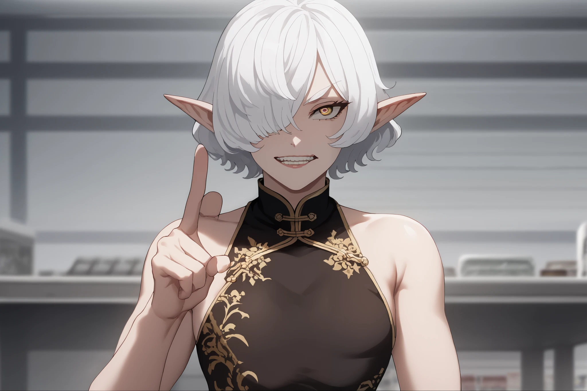 Game CG, Anime style, ((high resolution)), (((masterpiece))), (((best quality))), ((ultra-detailed)), (cinematic lighting), {illustration}, {beautiful detailed eyes}, {shining splendid skin}, {{{glossy skin}}}, {1girl}, extremely detailed, exaggerated proportion, 1man, 1girl, elf ears,((short white hair)), ((hair over the eye)), flat chest, wide hips, huge ass, ((wearing black and gold qipao)), sideboob, tick thigh, looking at viewer, jabbing her finger at you, pointing finger,mad face, gritting her teeth, ((Shop Background)), ((Dynamic Close-Up shot)), ((facing front)), (((anatomically correct hand))), {{ratatatat74}}, ((anime screencap)), pixiv