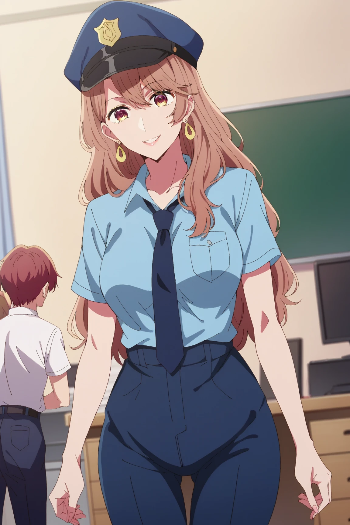 score_9, score_8_up, score_7_up, source_anime,
miyakosaitou, miyako saitou, long hair, brown hair, brown eyes,
jewelry, earrings, police uniform, necktie, police hat, collared shirt, short sleeves, pantyhose,
indoors, office, smile,
looking at viewer, side angle, cowboy shot,