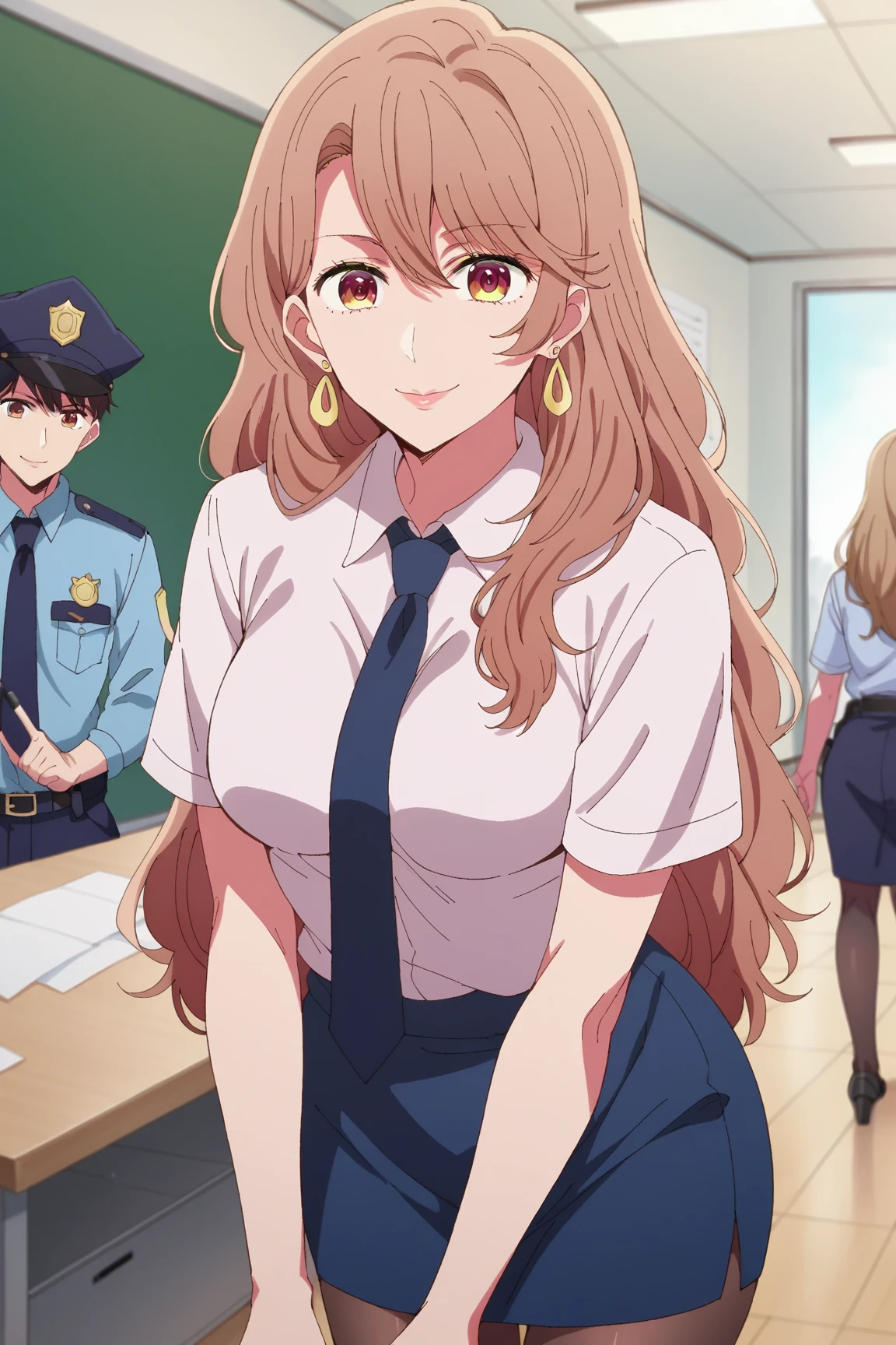 score_9, score_8_up, score_7_up, source_anime,
miyakosaitou, miyako saitou, long hair, brown hair, brown eyes,
jewelry, earrings, police uniform, necktie, police hat, collared shirt, short sleeves, pantyhose,
indoors, office, smile,
looking at viewer, side angle, cowboy shot,