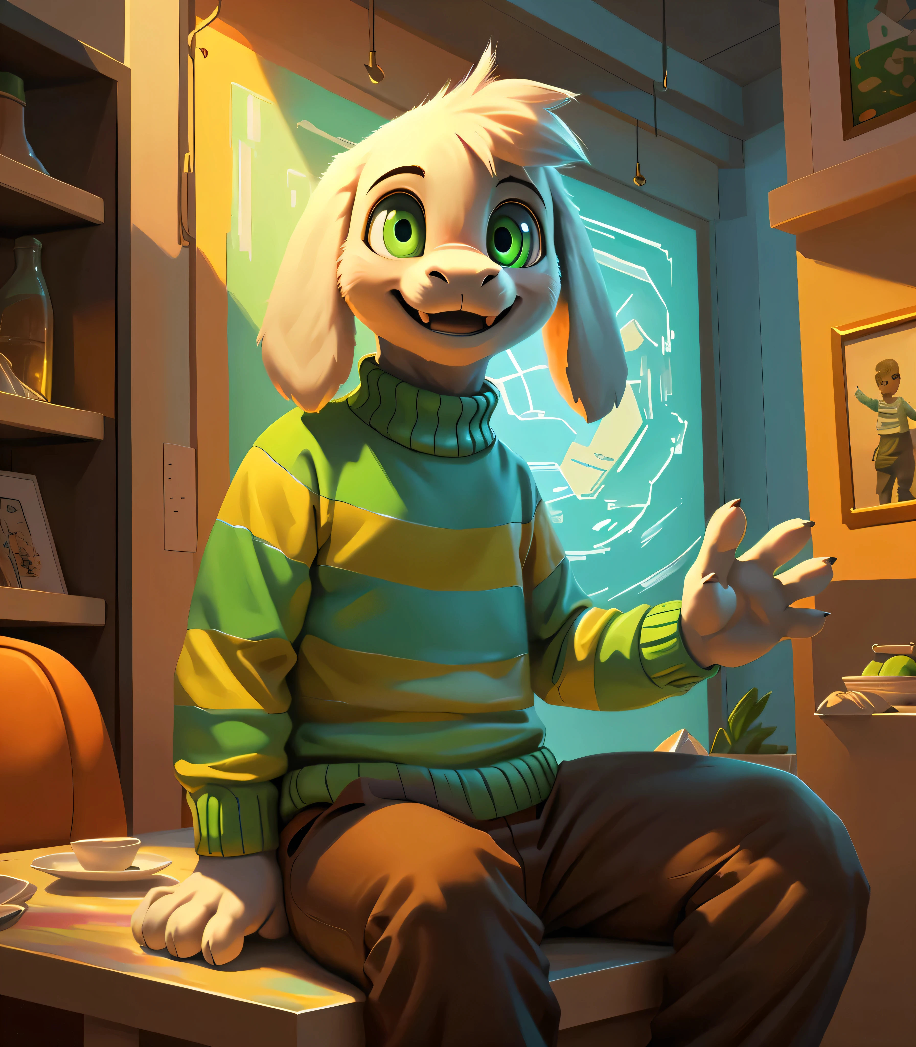 1boy,(( )), green t-shirt, pants, solo, , cute, sit, backlit, artistic composition, a pink-blue vaporwave themed retail store, diner, dinner, dramatic, dynamic pose, smiling, happy, great composition, gold, adorable, (green-yellow stripe sweater, brown pants), (best quality, ultra-detailed, best illustration, masterpiece, high res, professional artwork, famous artwork), realistic paint, (insane detailed eyes, green shine eyes), white fur, detailed realistic painting, male, detailed white fur, asriel, portrait, detailed hands, shaded, four fingers, insane details, looking forward, cartoon, cute