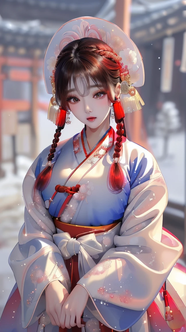 (masterpiece), (4K,  Fantastic), (high quality), UHD,  wallpapers, pretty Korean girl, glamorous, ((Glossy skin:1.2)), (very large breast:1.0), (F-cup chest:1.0), braided hairstyles, snowy, covered with snow, Korean traditional street, ((Korean traditional hanok, korean traditional costumes)), sexy, ((Hanbok)), ((Korean traditional clothing in various colors:1.6)), dynamic and sexy, Dynamic random poses