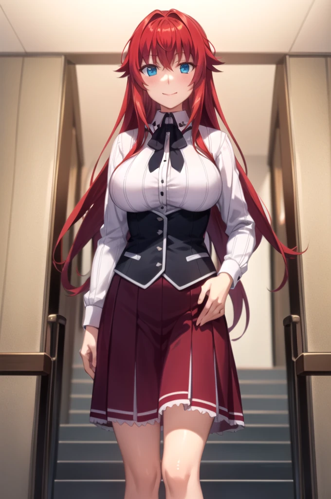  best quality,  masterpiece,  Detailed ,
riasgremory,
1 girl,  Closed mouth , smile, blush,
 red hair,  long hair, Blue eyes, choke,
  school uniform  , striped shirt,  neck strap, black belt, black corset, purple skirt,  huge breasts ,
Standing,   looking at the spectator ,
Interiors, castle