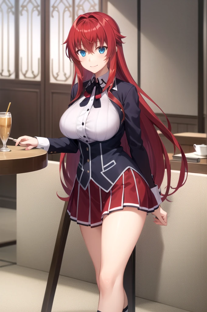  best quality,  masterpiece,  Detailed ,
riasgremory,
1 girl,  Closed mouth , smile, blush,
 red hair,  long hair, Blue eyes, choke,
  school uniform  , striped shirt,  neck strap, black belt, black corset, purple skirt,  huge breasts ,
Standing,   looking at the spectator ,
Interiors, castle