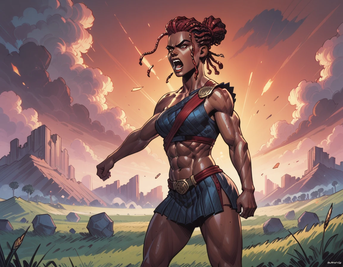 score_9, score_8_up, score_7_up, BREAK b4ttl3f13ld, outdoors, red cloudy sky, grassy plains, battle, crowd, BREAK AmbessaMedardaYoung, female focus, dark-skinned female, abs, red hair, muscular, dredlocks, brown eyes, muscular woman, wrapped hands, blood dripping from fists, angry screaming, cowboy shot angled side view,