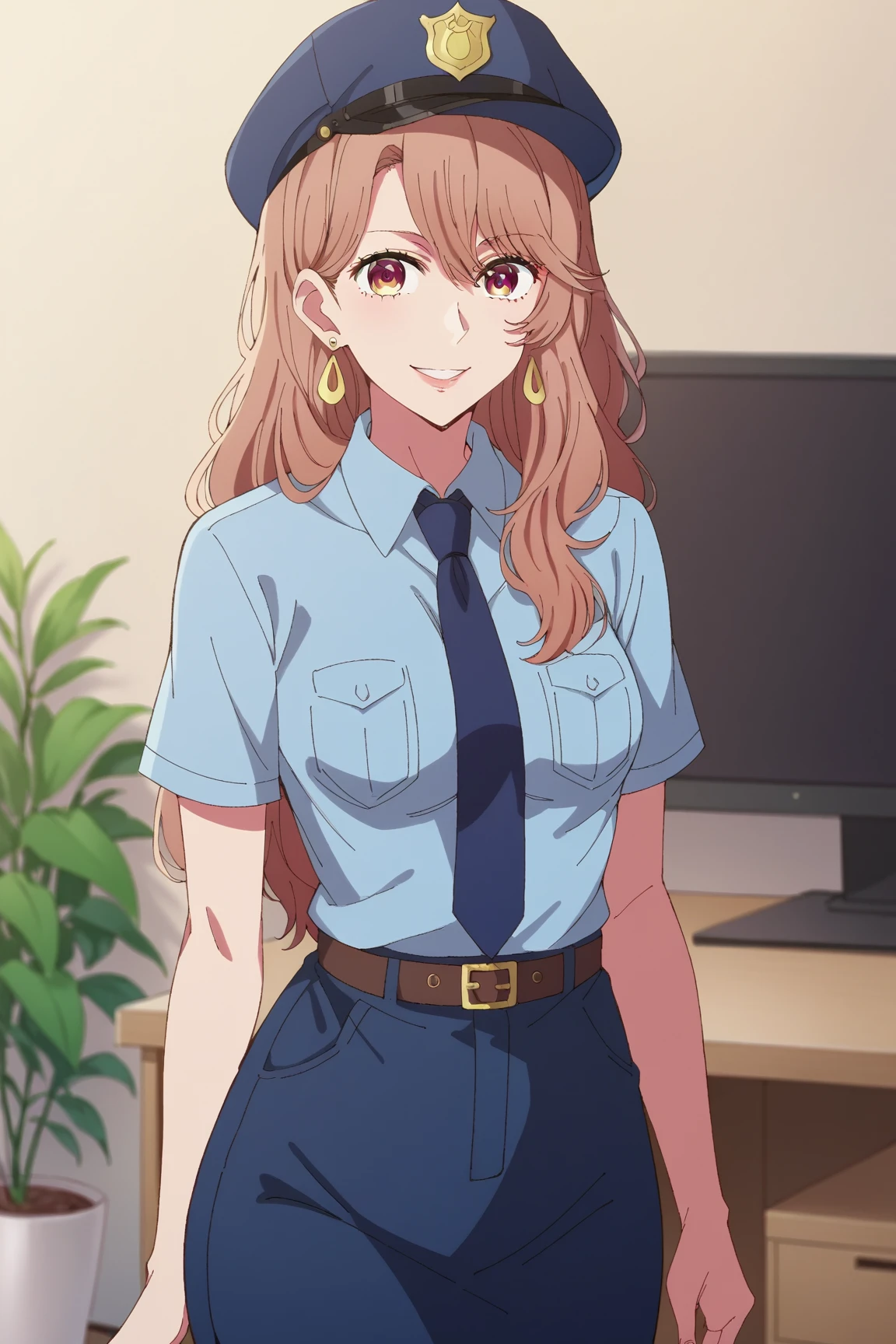 score_9, score_8_up, score_7_up, source_anime,
miyakosaitou, miyako saitou, long hair, brown hair, brown eyes, 1girl, solo,
jewelry, earrings, police uniform, police logo on shirt pocket, necktie, police hat, collared shirt, short sleeves, pantyhose,
indoors, office, smile,
looking at viewer, side angle, cowboy shot,