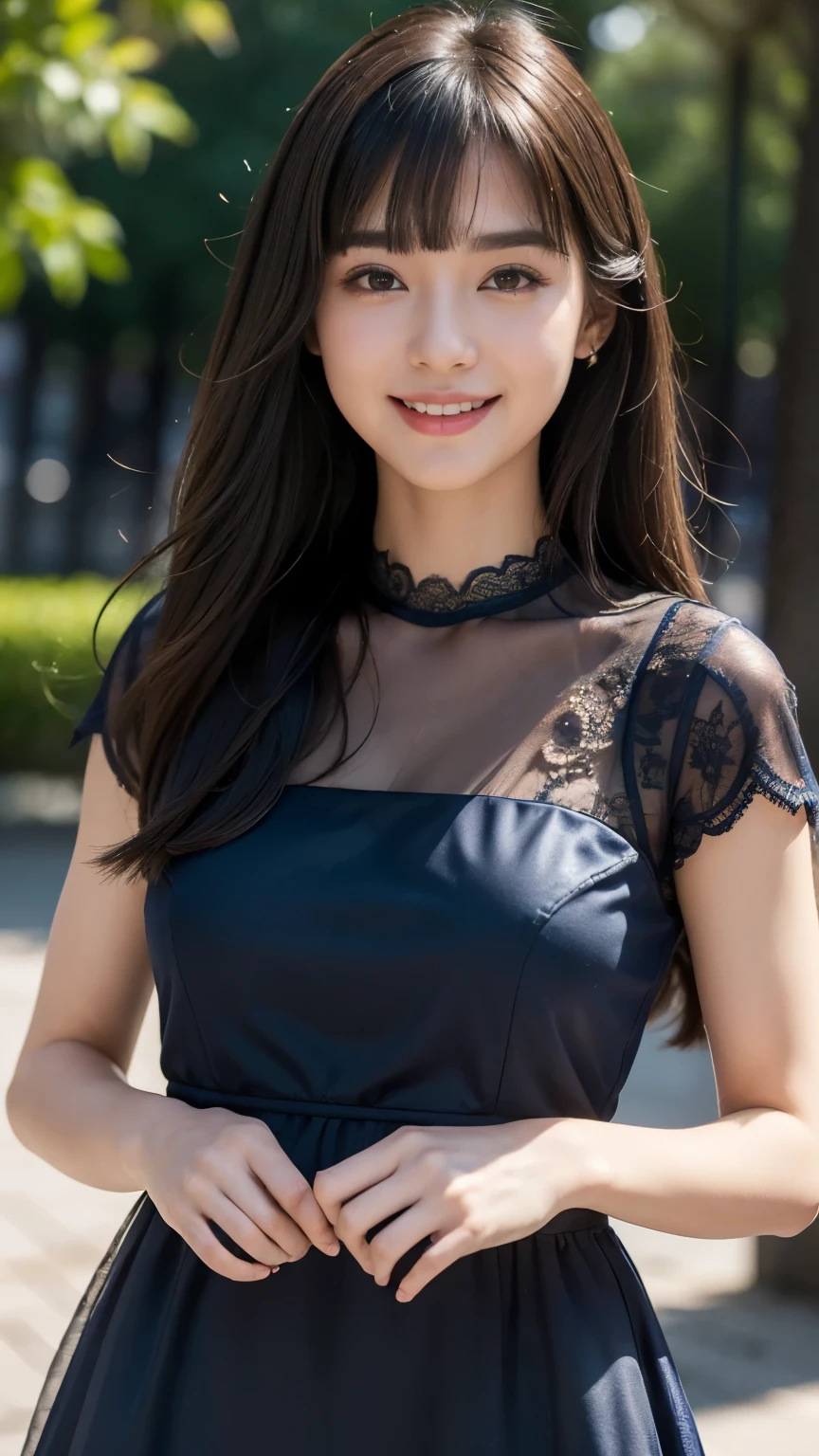 (highest quality,masterpiece:1.3,ultra high resolution),(Super detailed,caustics),(realistic:1.4,RAW shooting),(Vibrant color saturation),1 girl,20-year-old,flat bangs、smiling、Blurred background,Navy lace dress、light up、Princess-like、Noble
