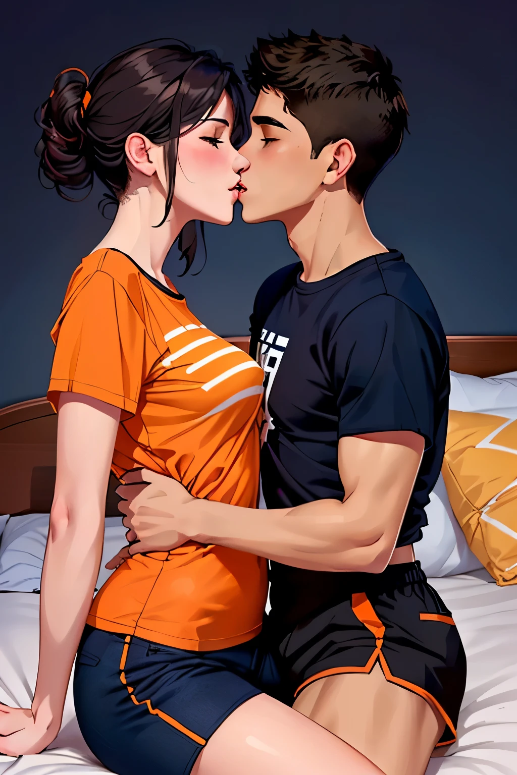 Amazing portrait of a young woman wearing white and orange striped t shirt and orange shorts and young boy wearing a navy blue t shirt and black shorts sitting on a bed together and kissing and making out passionately in a sexy and hot and lustful setting