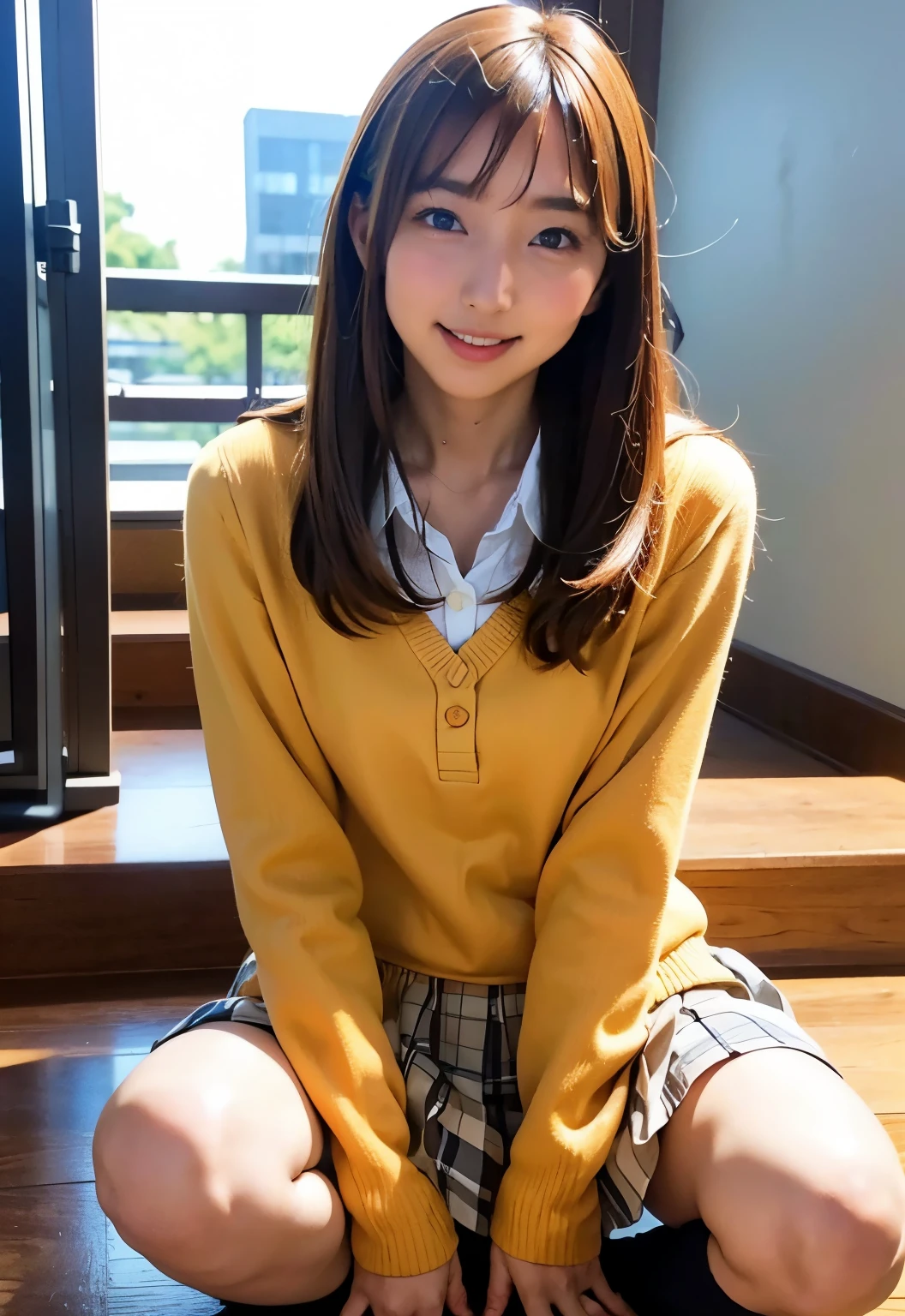 teens girl(​masterpiece:1.4)、(8K、realisitic、Raw photo、top-quality:1.4)、japanes、((Elementary school girl:1.3)), (1girl in)、beauitful face、(Real Face:1.4)、(Caramel hair、long:1.3)、Beautiful hairstyle、realisticeyes、Beautiful Detail Eye、(Real Skin:1.3)、Beautiful skin、enticing、超A high resolution、A hyper-realistic、high-detail、the golden ratio、High School Girl Uniform Skirt、Pubic area visible、sit on stairs、((Bend your knees and open your legs))、frontage