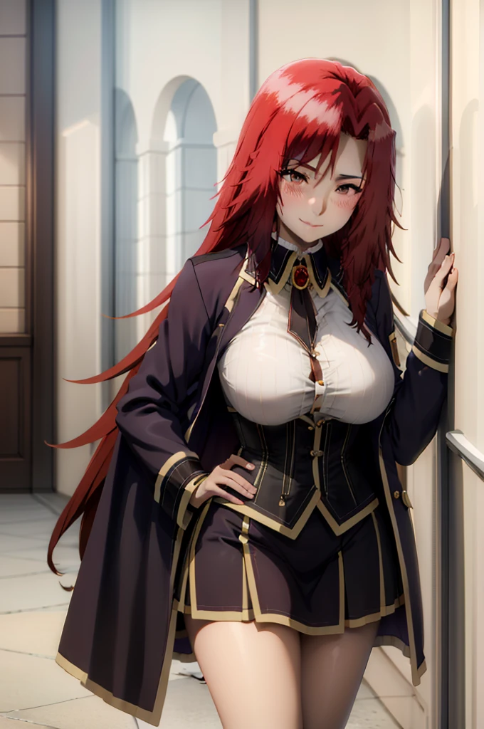  best quality,  masterpiece,  Detailed ,
riasgremory,
1 girl,  Closed mouth , smile, blush,
 red hair,  long hair, Blue eyes, choke,
  school uniform  , striped shirt,  neck strap, black belt, black corset, purple skirt,  huge breasts ,
Standing,   looking at the spectator ,
Interiors, castle