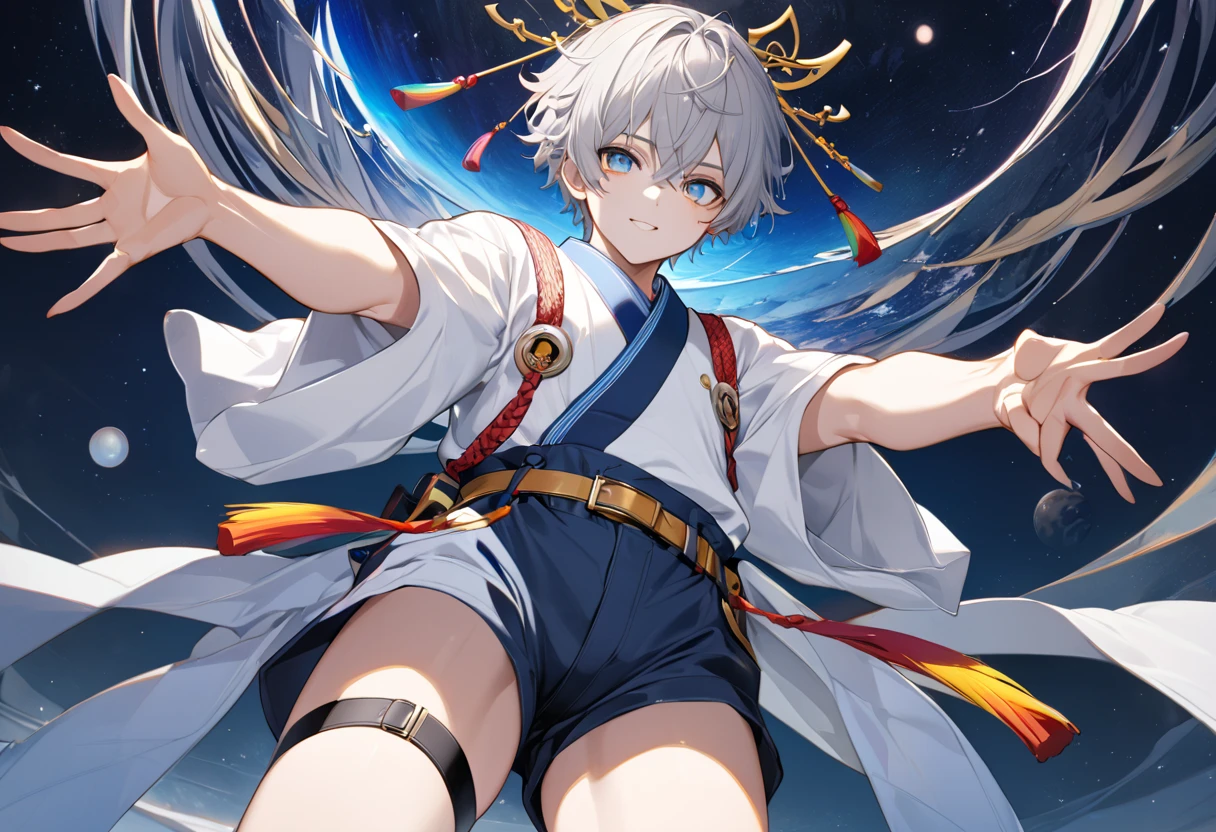  fresh illustration ,
Superfine painting,
 very delicate illustration ,
 Very fine details ,
Picture of only one boy ,
Height: 158cm,
 white skin,
The right eye is blue and the left eye is purple,
 rainbow heterochromia,
 beautiful eyes,
 large black pupils ,
 short hair with shadows,
Gray Hair,
 hair roots are bluish ,
 hair has gradation ,
 shiny hair with makeup,
 cute faces ,
Beautiful face,
There is a shiny rear wheel on the back of the head ,
 raised eyebrows ,
 upper body is wearing kimono in Japanese clothes ,
Masculine physique,
 Six Pack ,
Super small breasts,
No boobs,
 lower body Nadres ,
The color of the belt is black ,
Overall white clothes ,
 tasteful embroidery with gold thread ,
 fine fabric clothing ,
 jockstrap underwear ,
 thigh strap ,
 thigh strap は肌に食い込んでいる,
The number of fingers on a hand is five,
 thin waist,
 thin legs ,
Isometric,
Golden Ratio,
god々 like atmosphere,
 wearing blue colored padded collar innerwear ,
 outer space ,
Milky Way,
Little Star々 upper body ,
 tactical use of shadows ,
 don't let the ring of head or hair stick out from the angle of view,
 clothes don't stick out of angle of view ,
 body orientation is symmetrical ,
Clothes are symmetrical,
Picture of standing upright and steady ,
 with little pubic hair,
Knee Shot,
There is no decoration on the head,