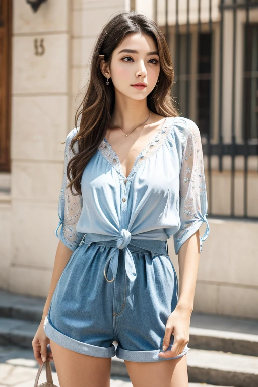  Beautiful girl in shorts, blouse with a knot , by the blue,  pronounced neckline 