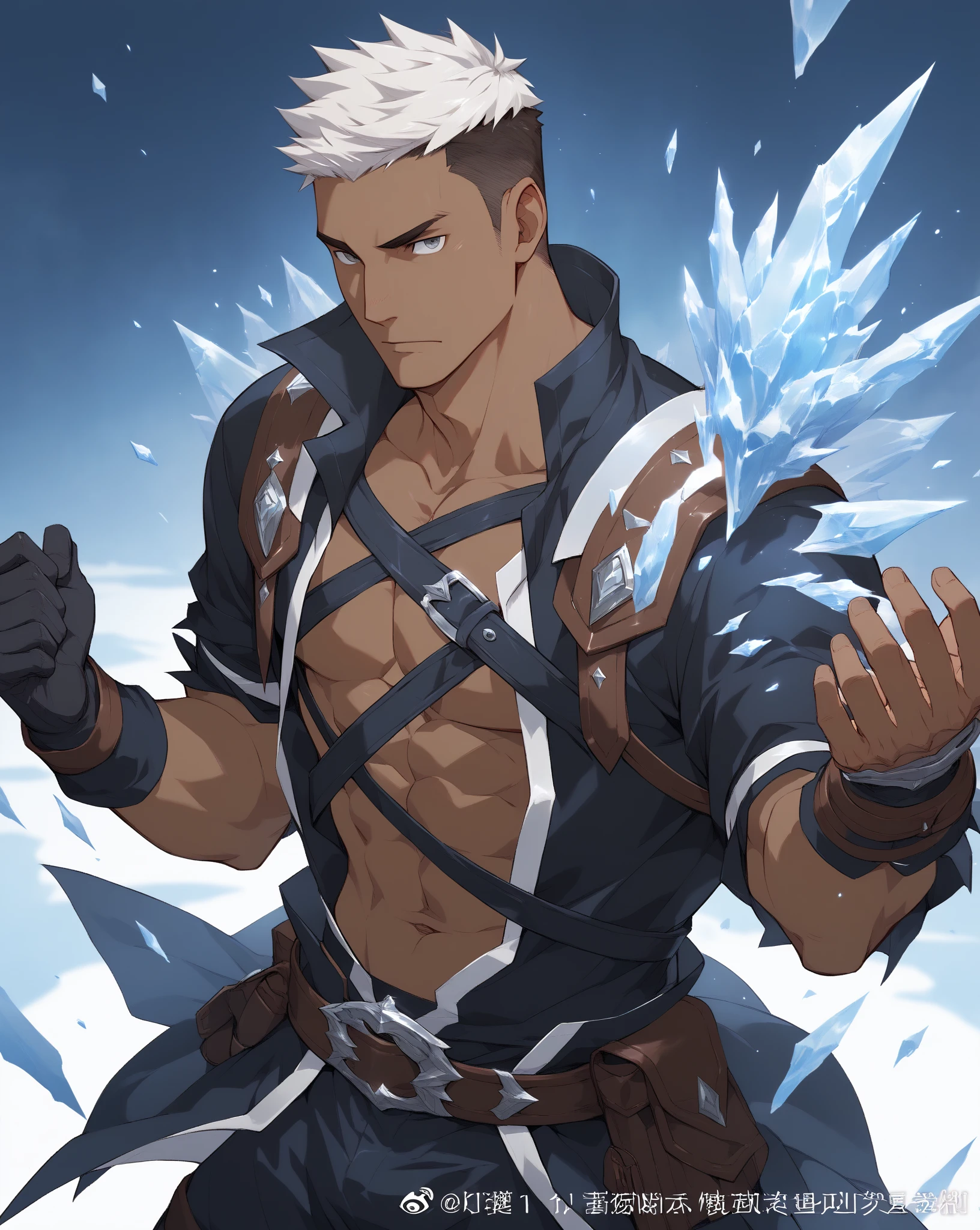 High Quality,Masterpiece,nsfw,gay,detailed body,,forehead,((dark brown skin male:1.3)),ideal ratio body propotions,white hair,short hair,fur on the collar、black and gray eyes,glove,,low small nose,Dog face,short length white vest,(((under cleavage cut))),Ice Fist,navel,under moob,breast belt, firm body、Pectoral muscles,fantasy,glove,we have、Belligerent,young