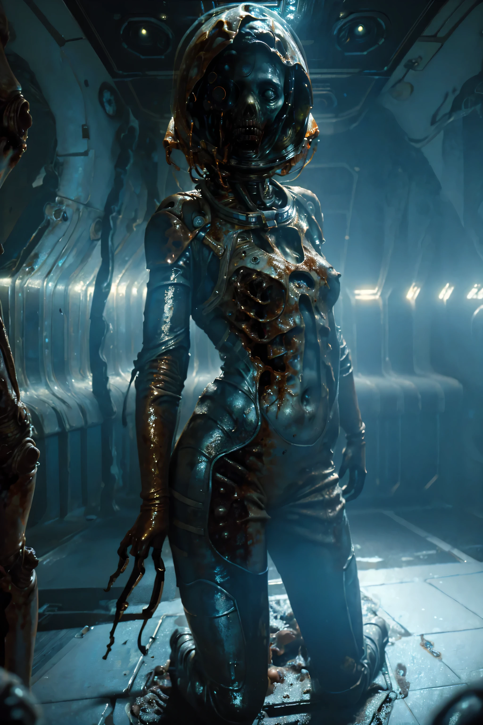 (masterpiece, photorealistic, award winning, 4k, 8k), (1girl), expressionless, a dead astronaut (zombie), being controlled by a hive mind intelligence, covered in a shiny and mucky substance, hive mind, space suit, in a spaceship, long corridor, full body, low lighting, moody lights, horror