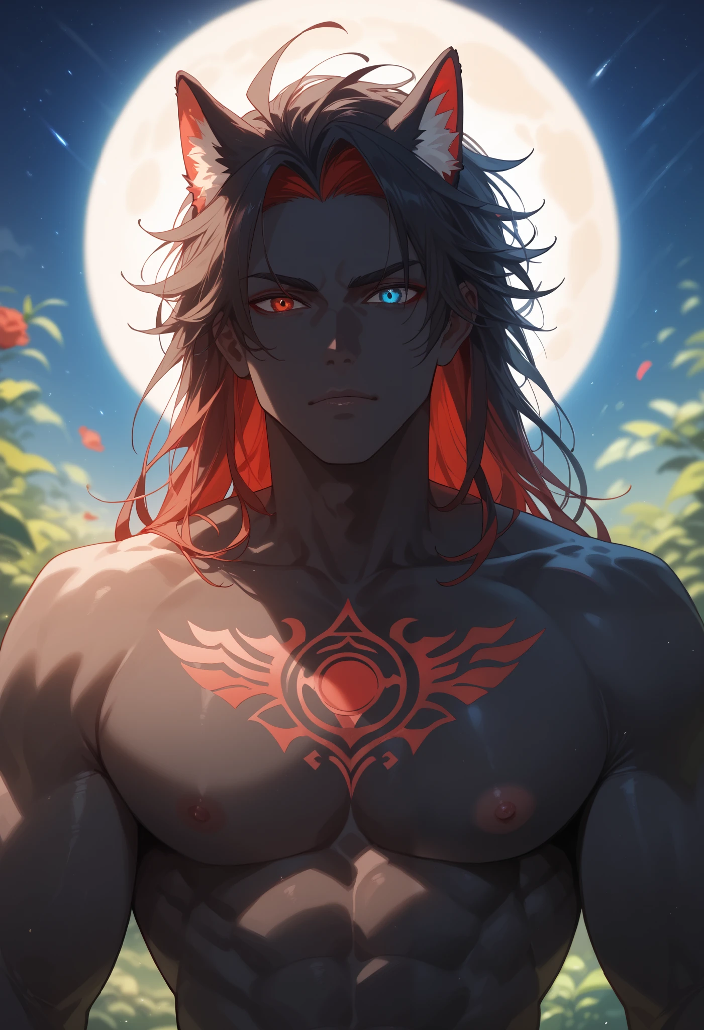 score_9, score_8_up, score_7_up, score_6_up, score_5_up, score_4_up, highres, source_furry, cover page, male alpha wolf in garden, black skin, red tattoo, waning moon tattoo on chest, heterochromia, blue left eye, red right eye, dreamy background, kindness, unlimited light, magnificent sunset background, detailed face, perfect skin texture, extreme details, cinematic lighting, professional lighting, centered, looking at camera, depth of field, perfect lighting, light particles, sharp focus, light particles,