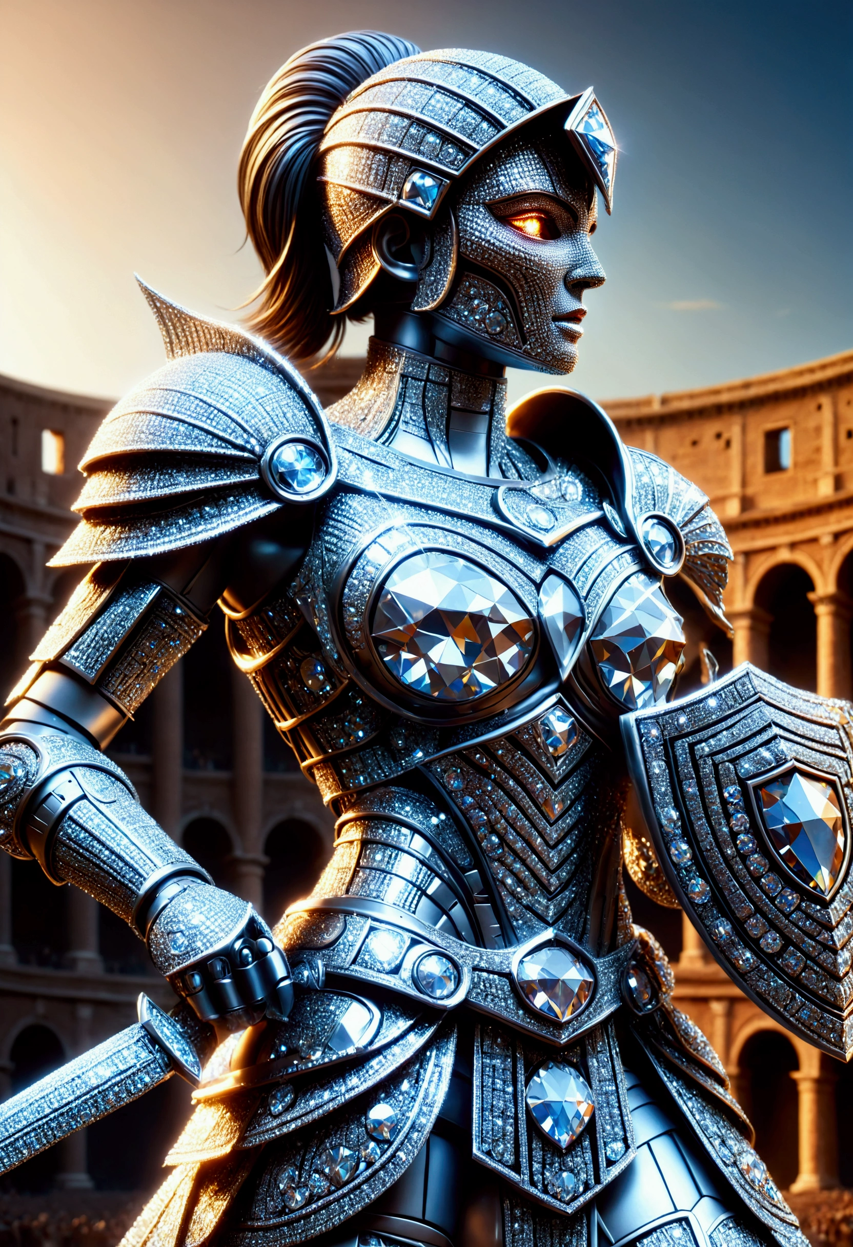 creating Robot Gladiator Woman with countless diamonds, diamondMW, all made of diamonds, sword, shield, battle, best quality, (masterpiece:1.2), high quality, Highres, (hyper detailed), photorealistic, Colosseum