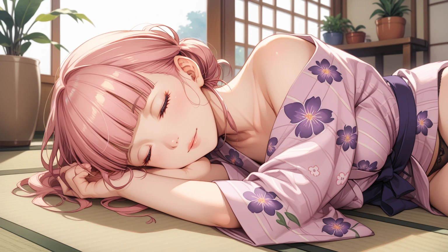 rating_safe, score_9, score_8_up, score_7_up, source_anime, masterpiece, best quality, solo, 1girl, wondering face, blond hairs,blunt bangs, firm breasts(she is wearing pastel pink yukata and pastel purple floral, black panties) ( she is sleeping on the floor , close eyes, cowboy shot view) ,night time Japanese Tatami Room in Tokyo, (Japan), plant pot, best quality, 8k,