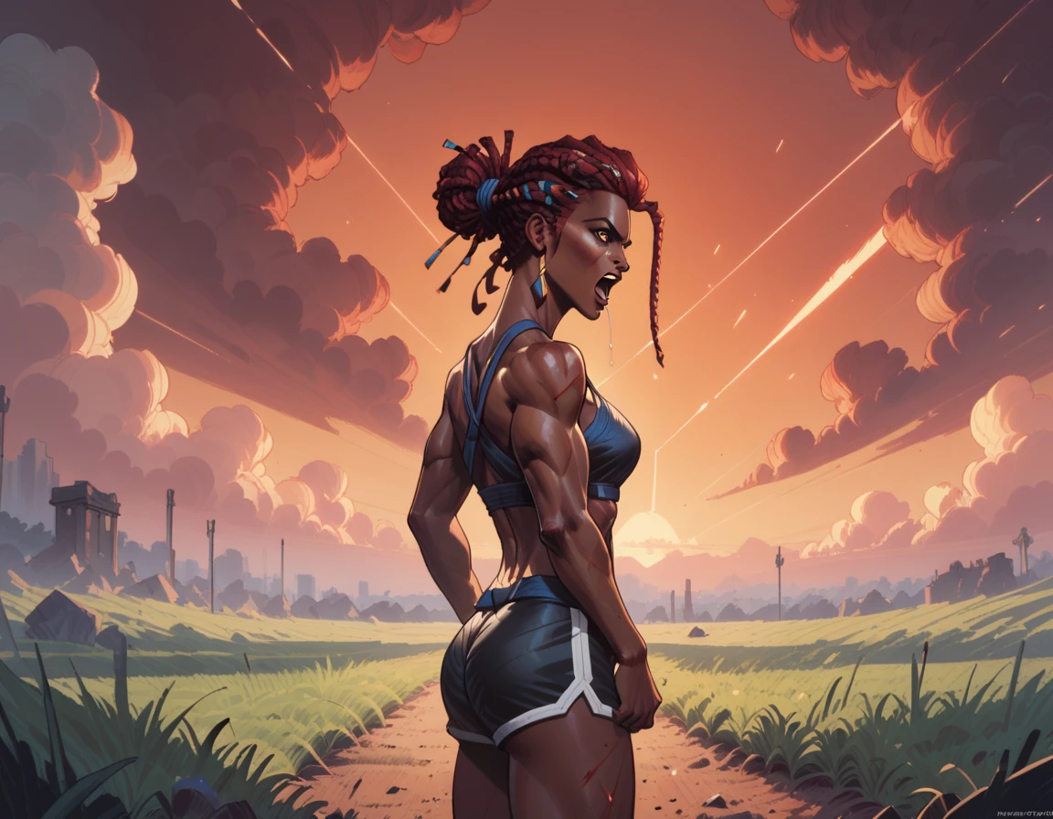 score_9, score_8_up, score_7_up, BREAK b4ttl3f13ld, outdoors, red cloudy sky, grassy plains, battle, crowd, BREAK AmbessaMedardaYoung, female focus, dark-skinned female, abs, red hair, muscular, dredlocks, brown eyes, muscular woman, wrapped hands, blood dripping from fists, angry screaming, cowboy shot angled side view,